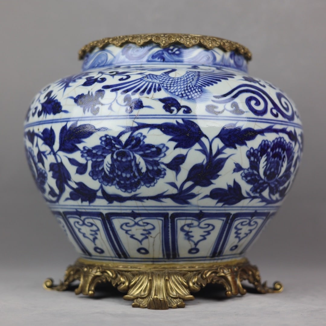 A Rare Blue and White Inlaid Bronze Lotus and Phoenix Pattern Jar: A Rare Blue and White Inlaid Bronze Lotus and Phoenix Pattern Jar,Yuan Dynasty,China,Size:13.4inx8.7inx11.8inx9.8in