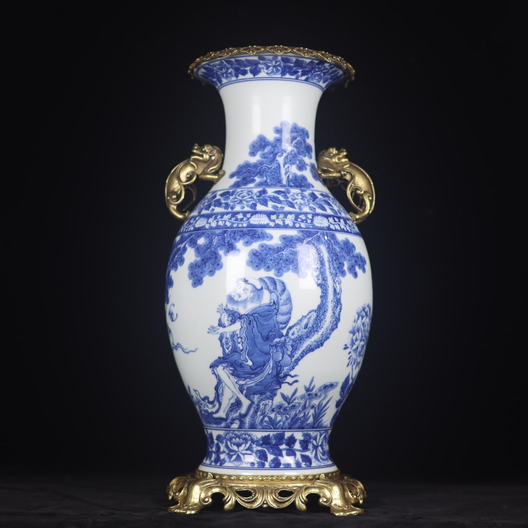 A Huge Blue and White Inlaid Bronze Figure,Flower and Bird Pattern Beast-Ears Vase: A Huge Blue and White Inlaid Bronze Figure,Flower and Bird Pattern Beast-Ears Vase,Qing Dynasty,China,Yongzheng Six-character Mark,Size:18.5inx7.1inx8.7inx8.3in