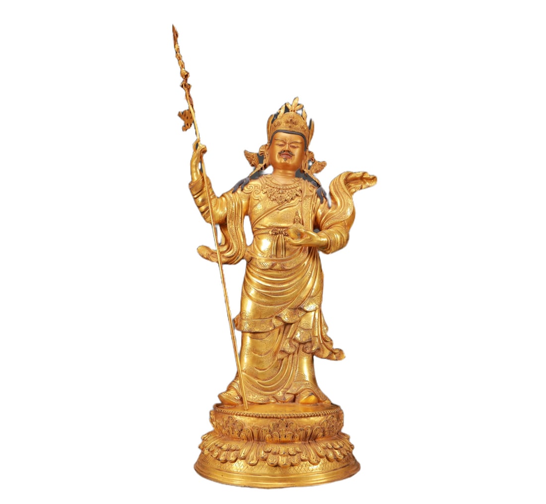 A Solemn Gilt Bronze Statue of Padma Sambhava: A Solemn Gilt Bronze Statue of Padma Sambhava,Ming Dynasty, China,Yongle Six-character Mark,Size:8.9inx27.6in,Weight:11150g