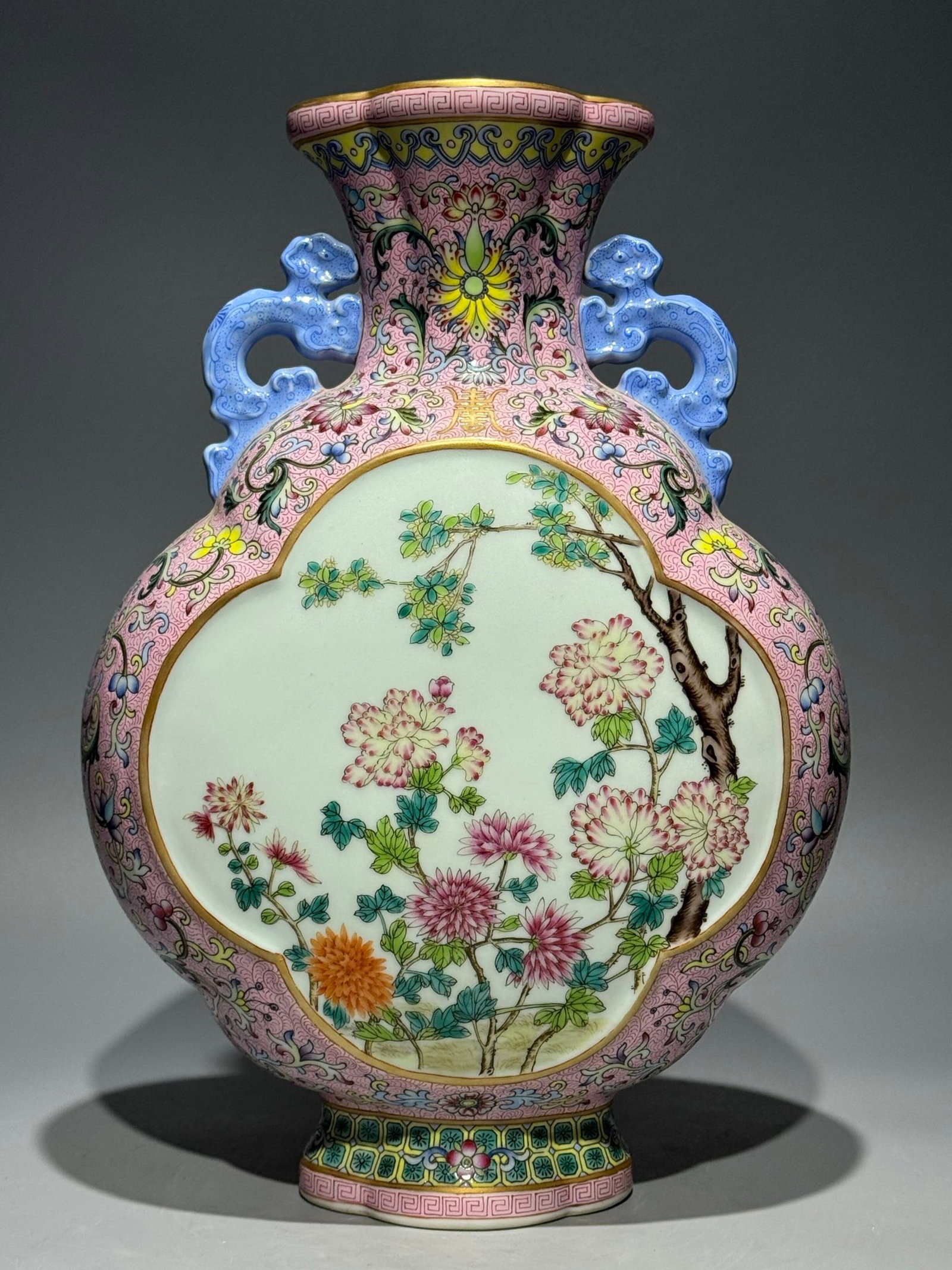 A Rare Famille-Rose Pink Ground Painted Gold Flower Pattern Double-Ears Vase: A Rare Famille-Rose Pink Ground Painted Gold Flower Pattern Double-Ears Vase,Qing Dynasty,China,Qianlong Six-character Mark,Size:12.9inx9.1in