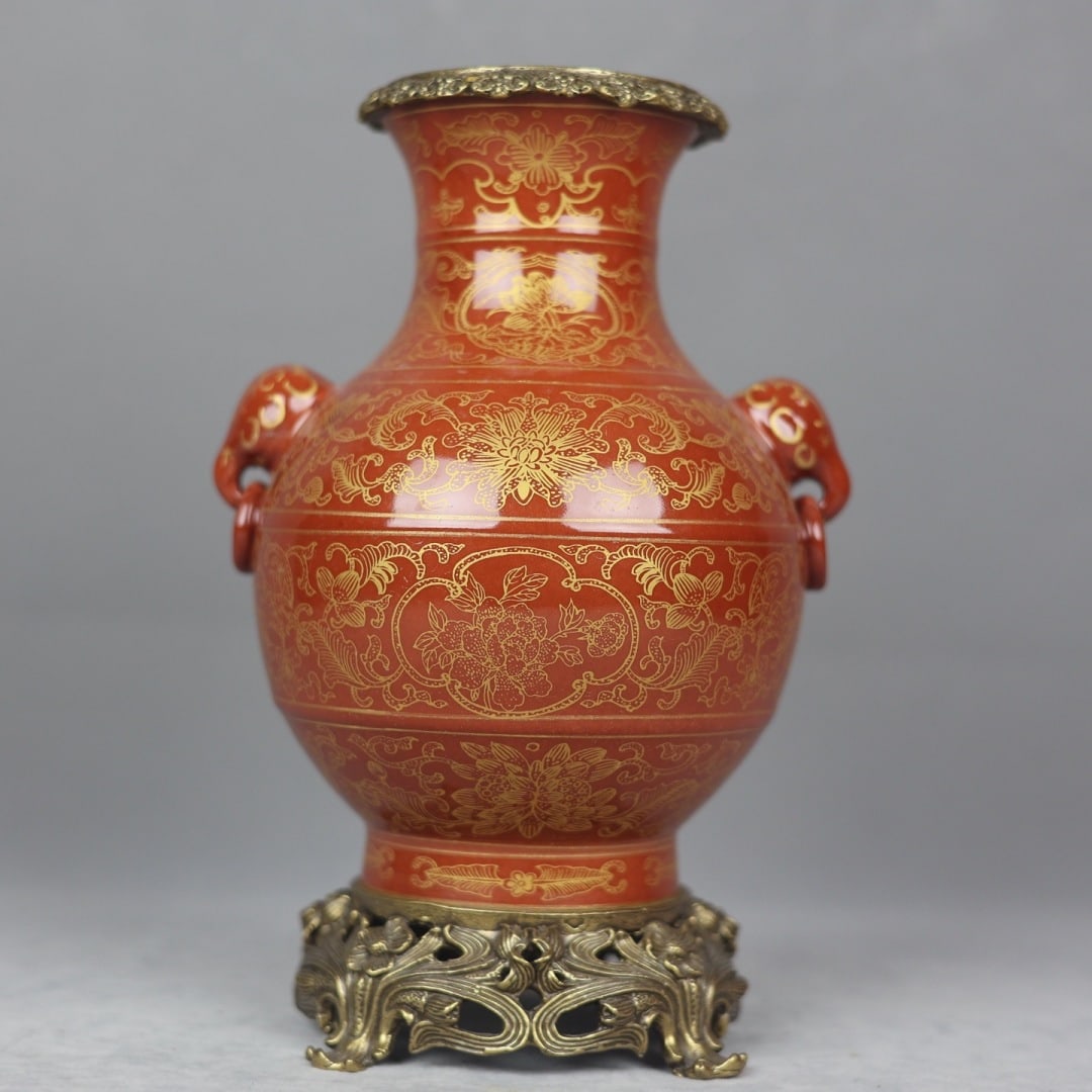 An Exquisite Iron-Red Painted Gold Inlaid Bronze Lotus Pattern Elephant-Ears Vase: An Exquisite Iron-Red Painted Gold Inlaid Bronze Lotus Pattern Elephant-Ears Vase,Qing Dynasty,China,Qianlong Six-character Mark,Size:9.8inx3.9inx6.3inx4.5in