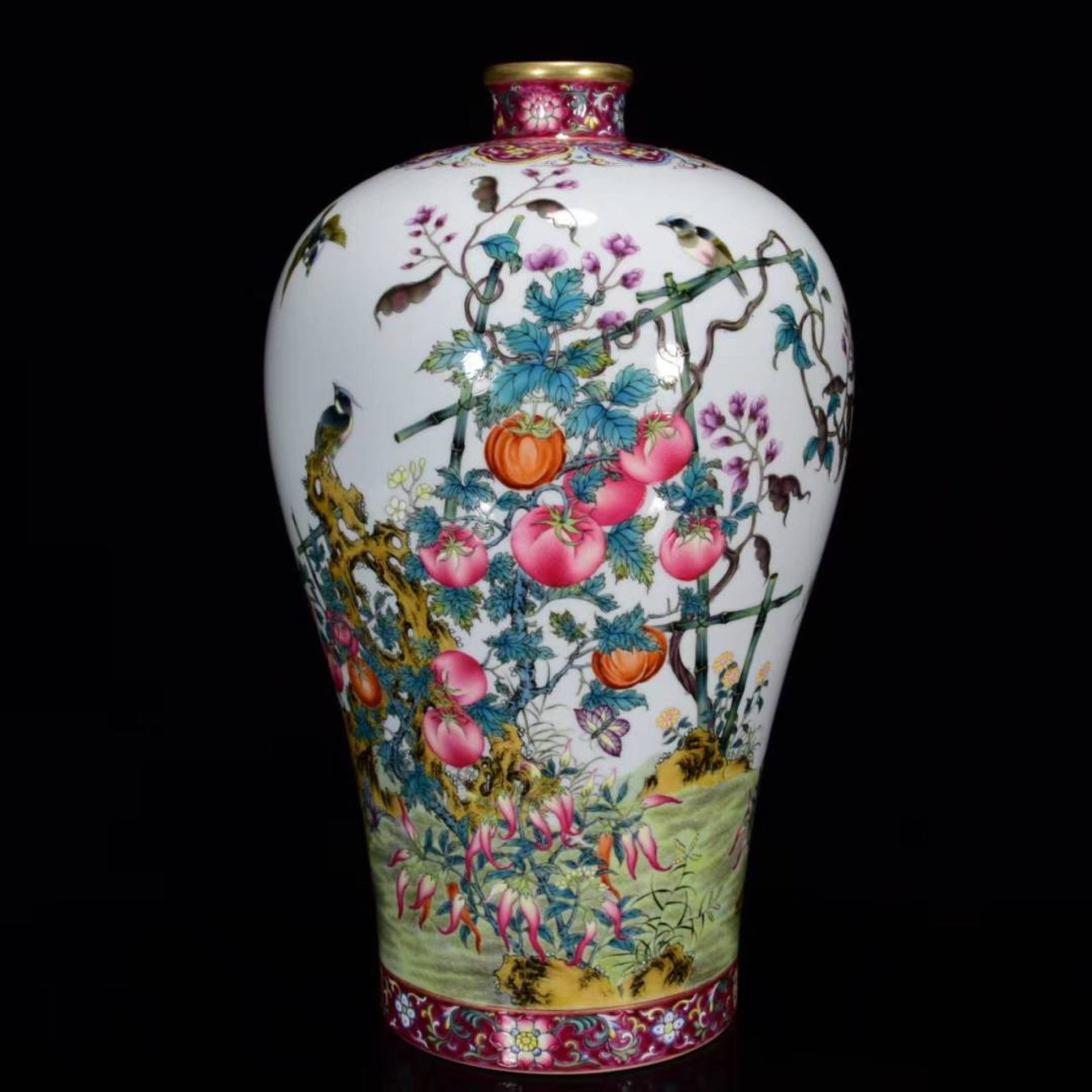 A Rare Famille-Rose Painted Gold Vegetables and Bird Pattern Vase,With Poem: A Rare Famille-Rose Painted Gold Vegetables and Bird Pattern Vase,With Poem,Qing Dynasty, China,Yongzheng Six-character Mark,Size:15inx8.7in