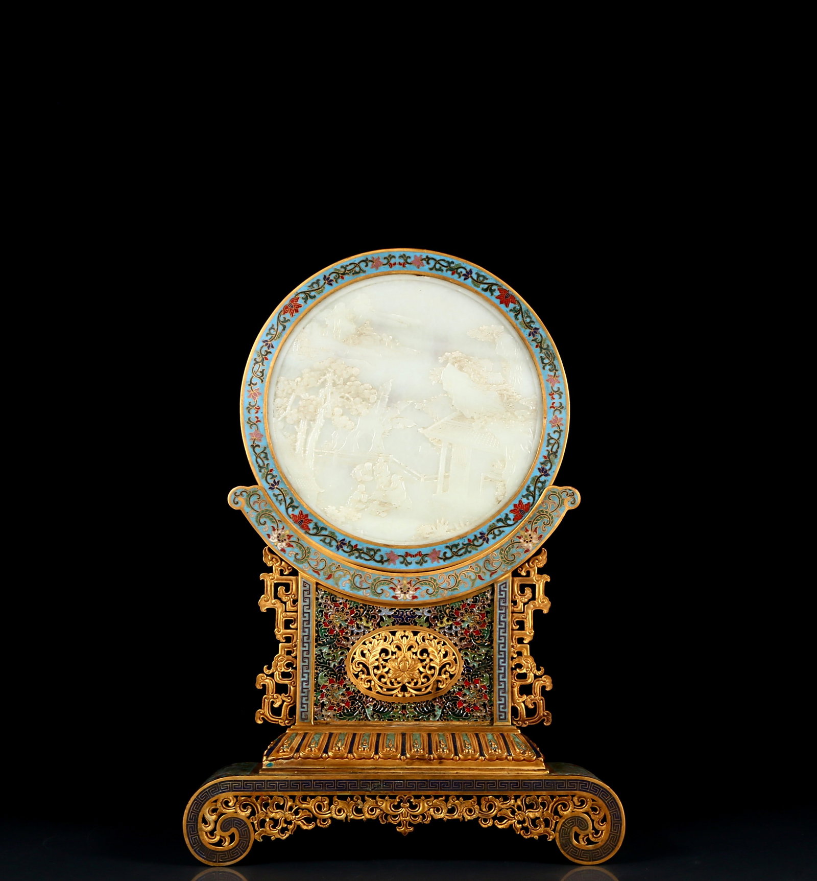 A Huge Cloisonne Inlaid White Jade Character and Story Pattern Table Screen (1 of 12)