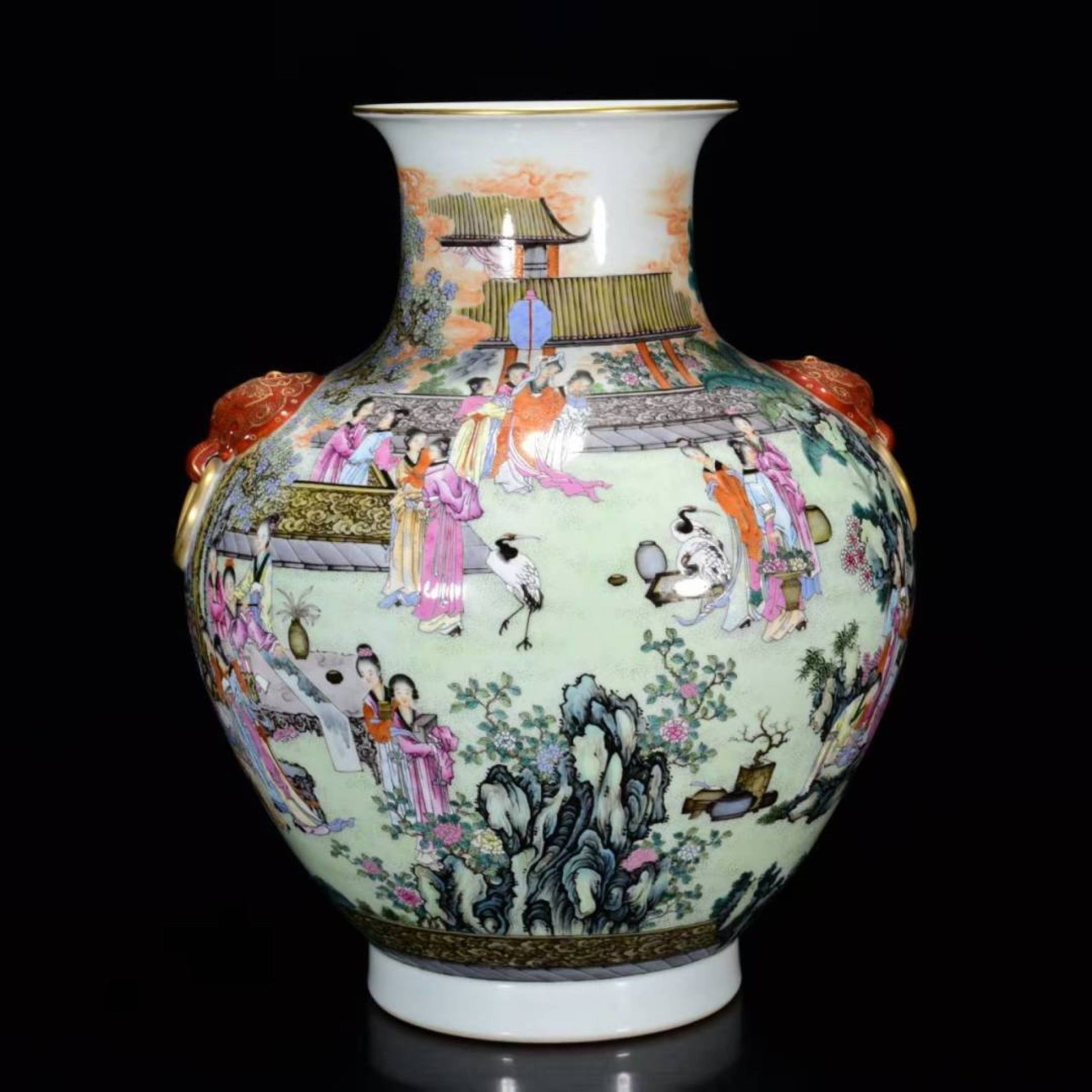 A Huge Famille-Rose Painted Gold Landscape and Figure Pattern Double-Ears Vase (1 of 14)