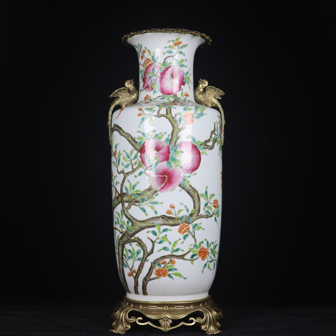 A Huge Famille-Rose Inlaid Bronze Bats Pomegranate Pattern Bird-Ears Vase: A Huge Famille-Rose Inlaid Bronze Bats Pomegranate Pattern Bird-Ears Vase,Qing Dynasty,China,Qianlong Six-character Mark,Size:20.1inx6.3inx7.9inx7.9in 粉彩镶铜蝙蝠&