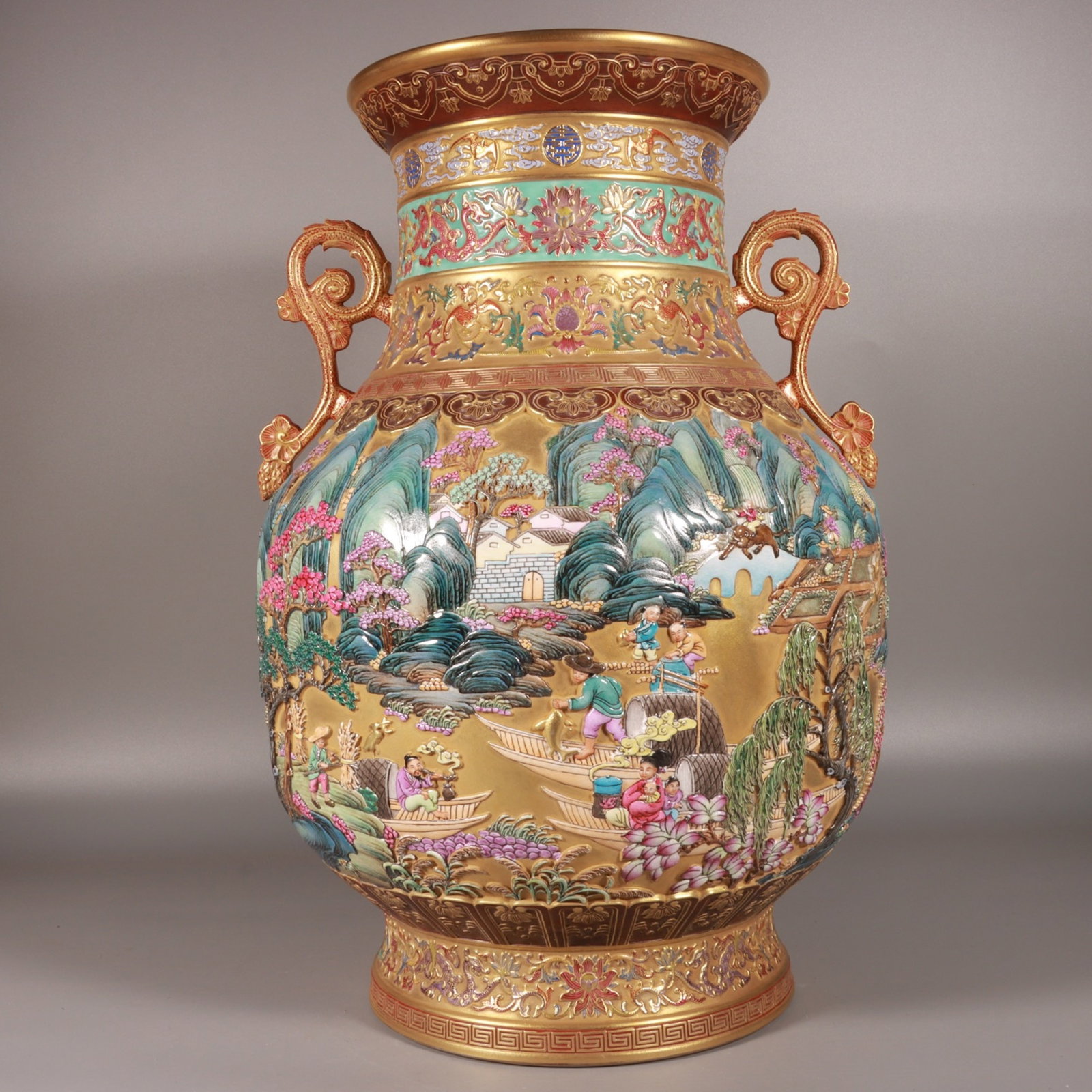 A Huge Enamel Gold Ground Landscape and Figure Pattern Double-Ears Vase: A Huge Enamel Gold Ground Landscape and Figure Pattern Double-Ears Vase,Qing Dynasty, China,Qianlong Six-character Mark,Size:17.7inx11.4in