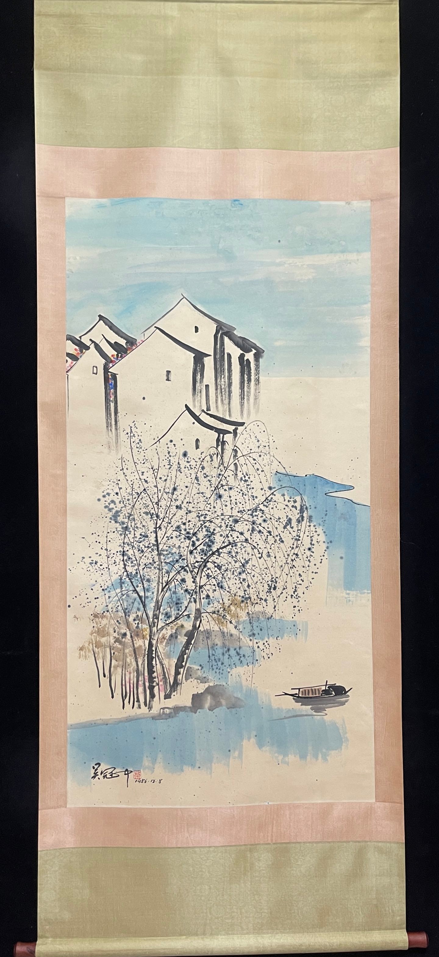 A Chinese Vertical Scroll Ink Painting of Landscape on Paper,Wu Guanzhong: A Chinese Vertical Scroll Ink Painting of Landscape on Paper,Wu Guanzhong,Size:26.8inx53.9in 一幅中国水墨山水画立轴,吴冠&#