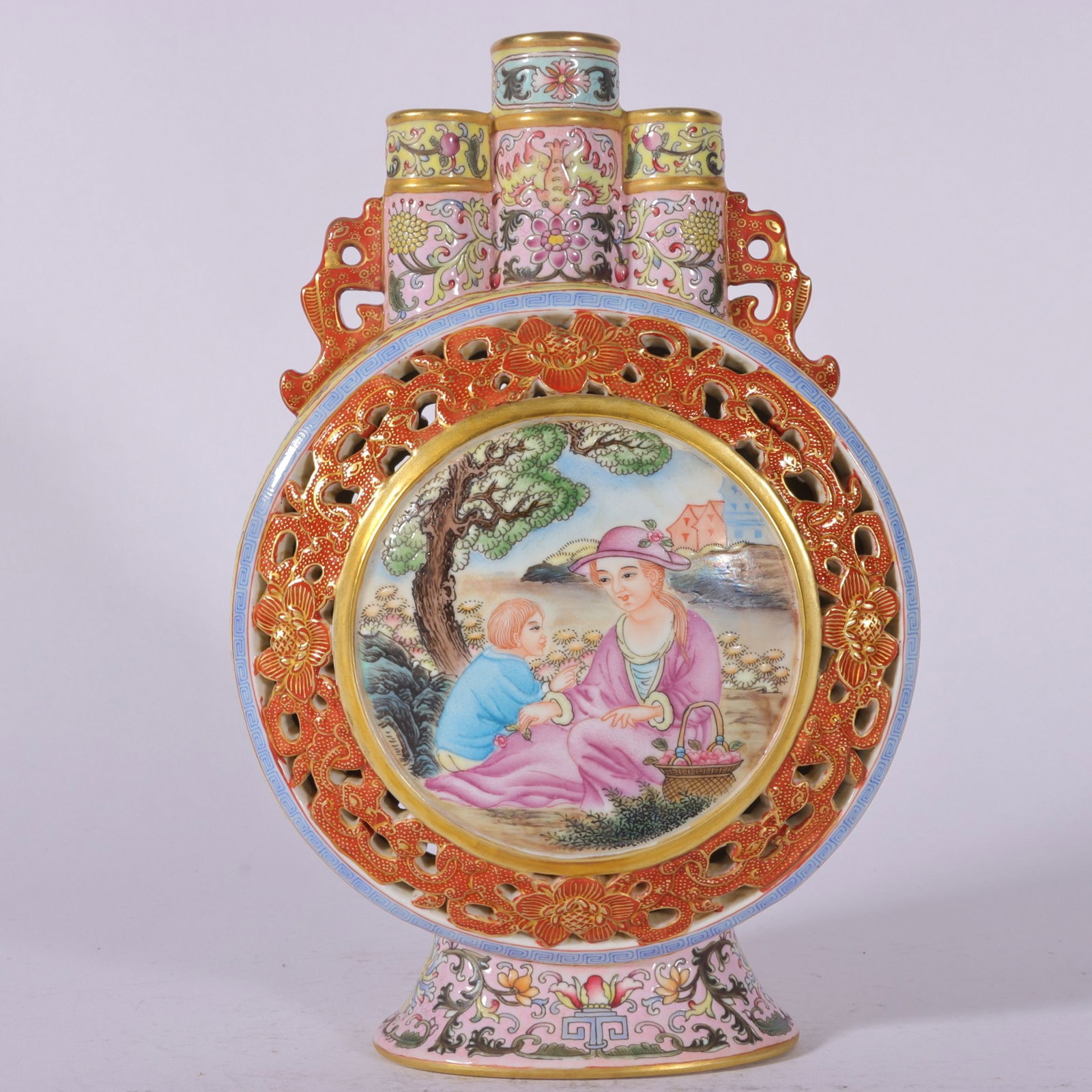 An Exquisite Enamel Yellow Ground Painted Gold Hollow Lotus and Figure Pattern Double-Ears Vase: An Exquisite Enamel Yellow Ground Painted Gold Hollow Lotus and Figure Pattern Double-Ears Vase,Qing Dynasty, China,Qianlong Four-character Mark,Size:8.3inx5.4in