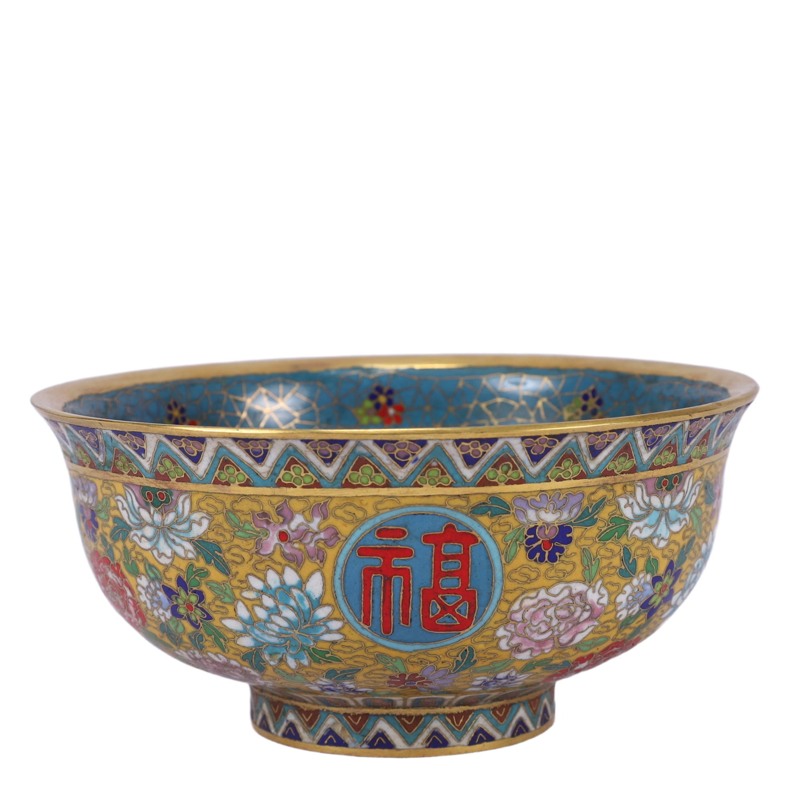 An Exquisite Cloisonne Fu-Character Flower Pattern Bowl: An Exquisite Cloisonne Fu-Character Flower Pattern Bowl,Qing Dynasty, China,Qianlong Four-character Mark,Size:6.7inx3.1in,Weight:1400g