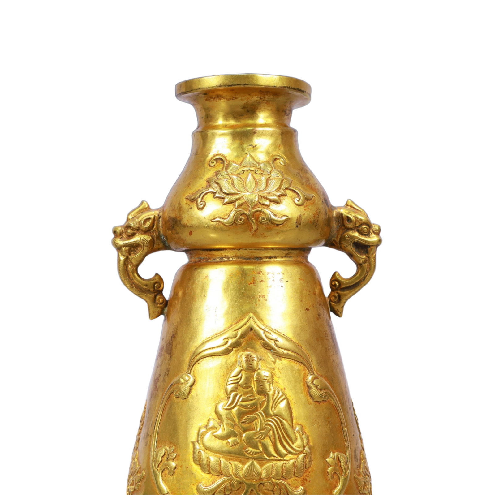 A Rare Gilt Bronze Arhat Pattern Double-Ears Vase - 2
