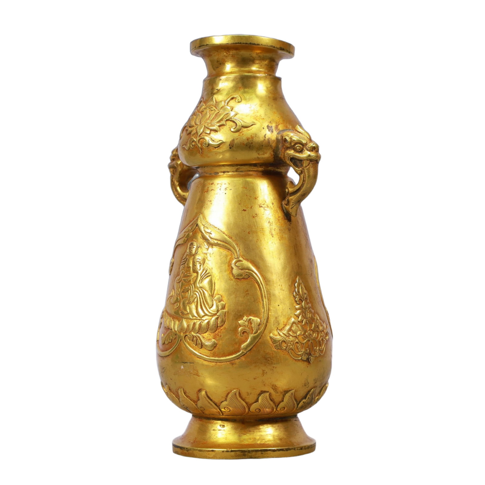 A Rare Gilt Bronze Arhat Pattern Double-Ears Vase - 4