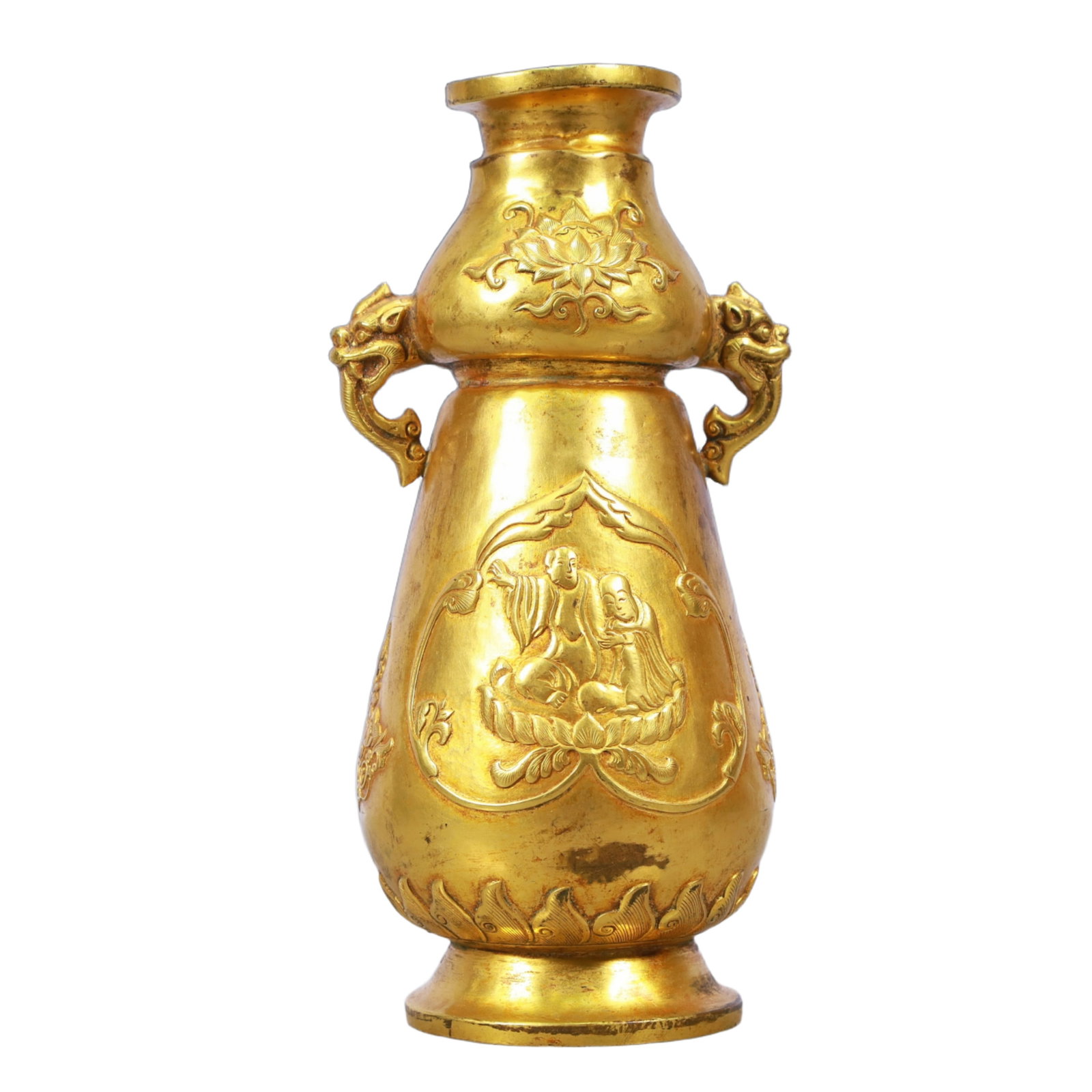A Rare Gilt Bronze Arhat Pattern Double-Ears Vase - 7