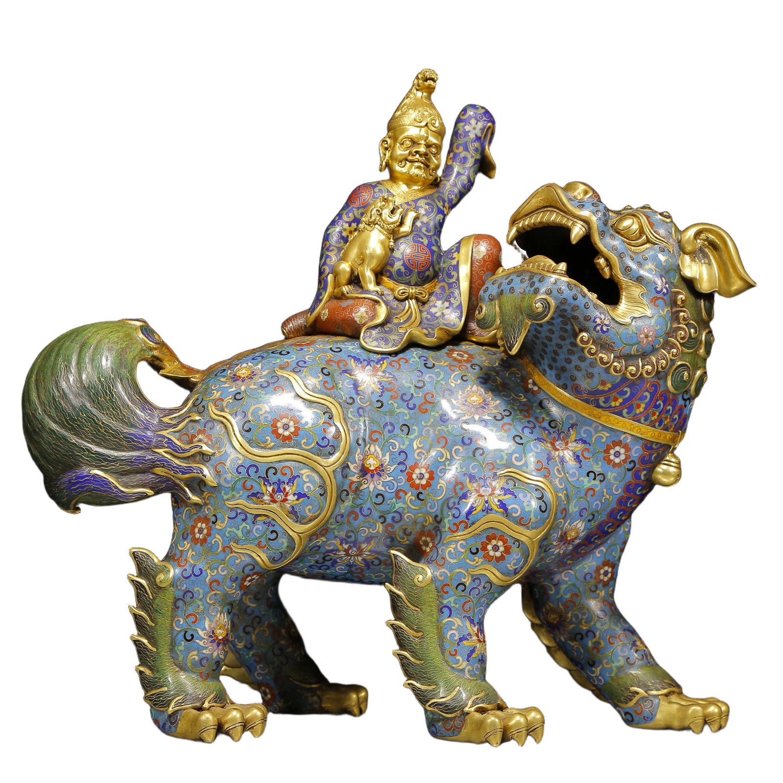 A Huge Cloisonne Figure Riding Lion Censer: A Huge Cloisonne Figure Riding Lion Censer,Qing Dynasty, China,Qianlong Four-character Mark,Size:20.5inx7.1inx19.7in,Weight:16760g