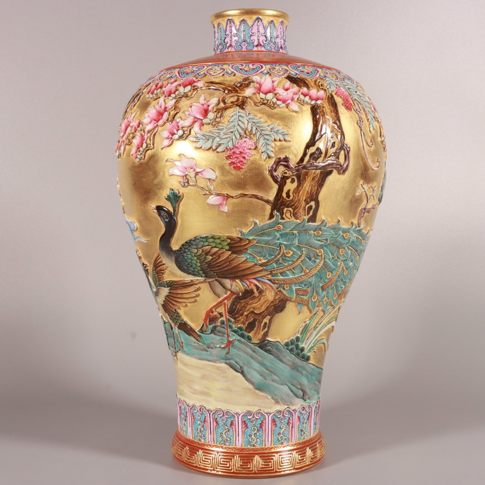 An Exquisite Enamel Gold Ground Flower and Bird Pattern Vase: An Exquisite Enamel Gold Ground Flower and Bird Pattern Vase,Qing Dynasty, China,Qianlong Six-character Mark,Size:11.5inx7.1in