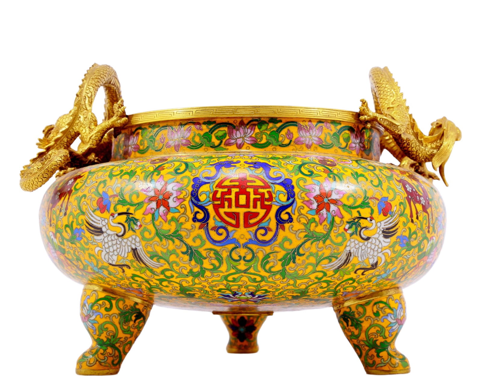 An Exquisite Cloisonne 'Scrolling Lotus& Crane' Dragon-Handled Tripod Censer: An Exquisite Cloisonne 'Scrolling Lotus& Crane' Dragon-Handled Tripod Censer. Raised on three stout cabriole legs, body enameled with polychrome patterns, all reserved on a bright yellow ground.