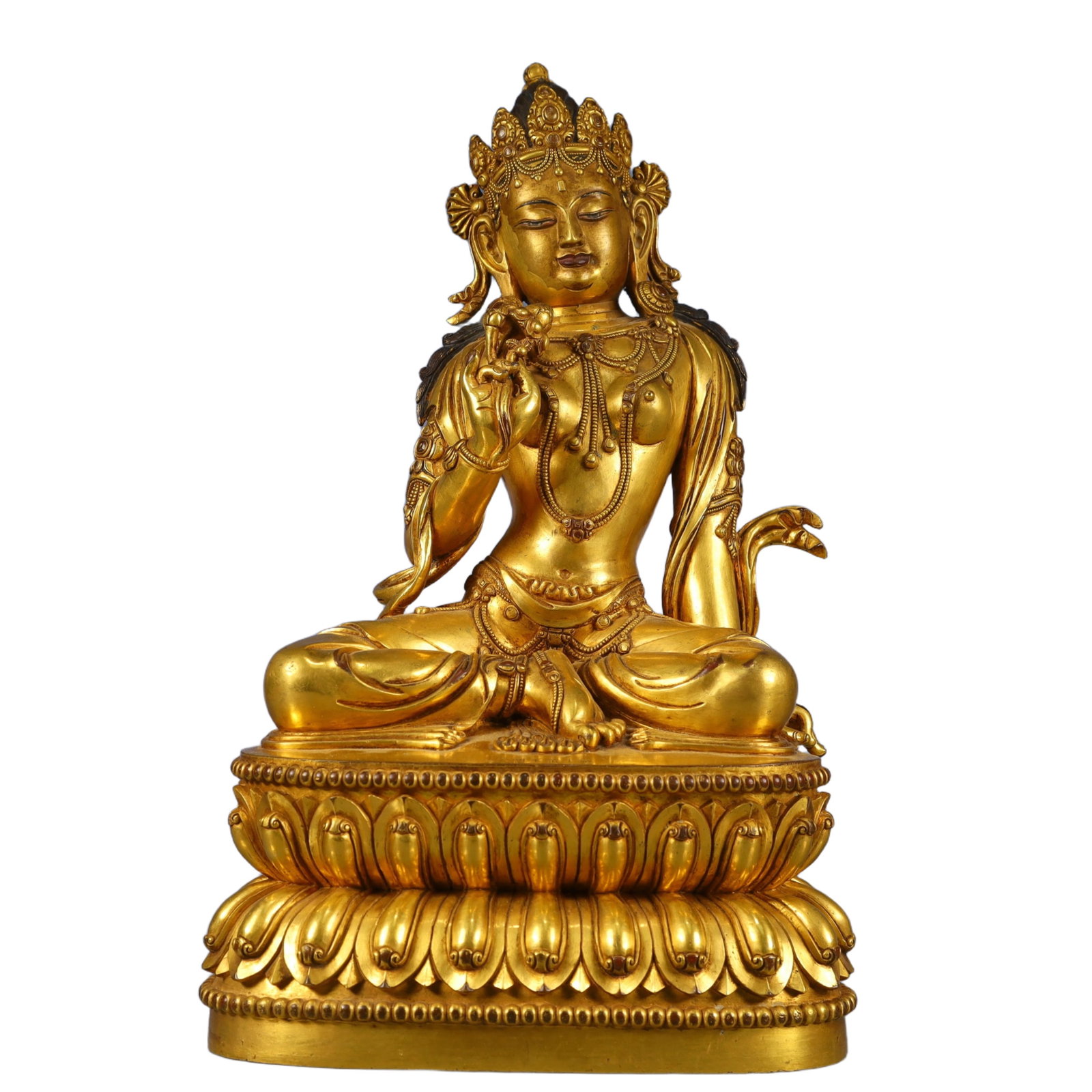 A Solemn Gilt Bronze Statue of Tara: A Solemn Gilt Bronze Statue of Tara,Ming Dynasty, China,Yongle Six-character Mark,Size:8.3inx5.9inx13.4in,Weight:6300g 铜鎏金度母像,中国明代