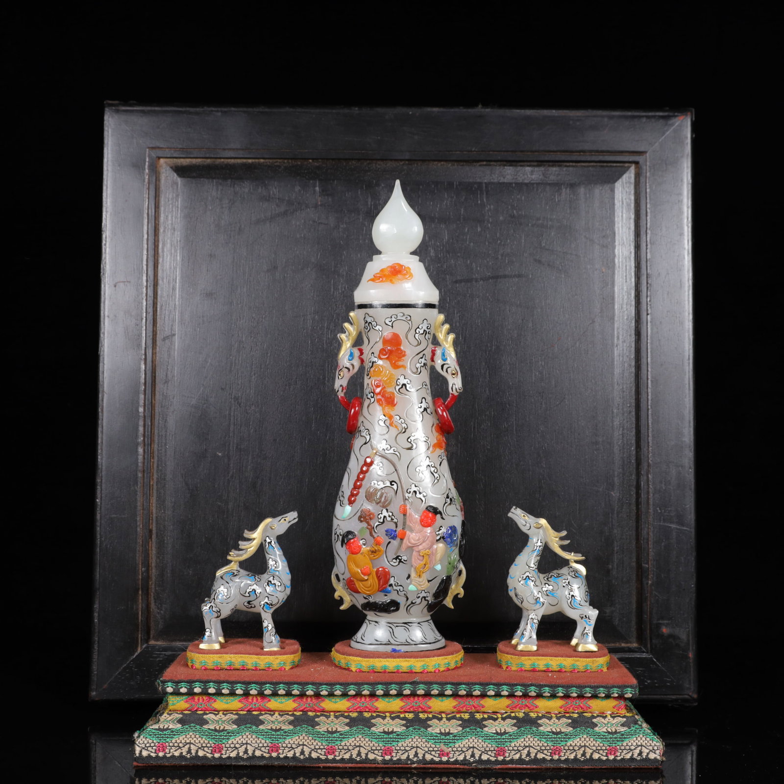 An Exquisite White Jade Inlaid Gems Character and Story Pattern Double-Ears Bottle,With a Pair of: An Exquisite White Jade Inlaid Gems Character and Story Pattern Double-Ears Bottle,With a Pair of Horses Ornament,Qing Dynasty,China,Size:(Vase)2.8inx1.6inx9.8in,(Box)13.8inx4.7in 白玉