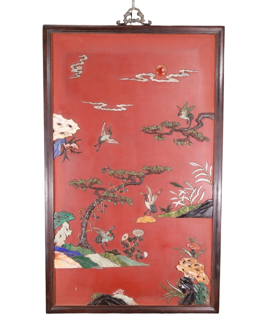 An exquisite zitanwood wood lacquer-embedded hanging screen with landscape, flower and bird patterns (1 of 5)