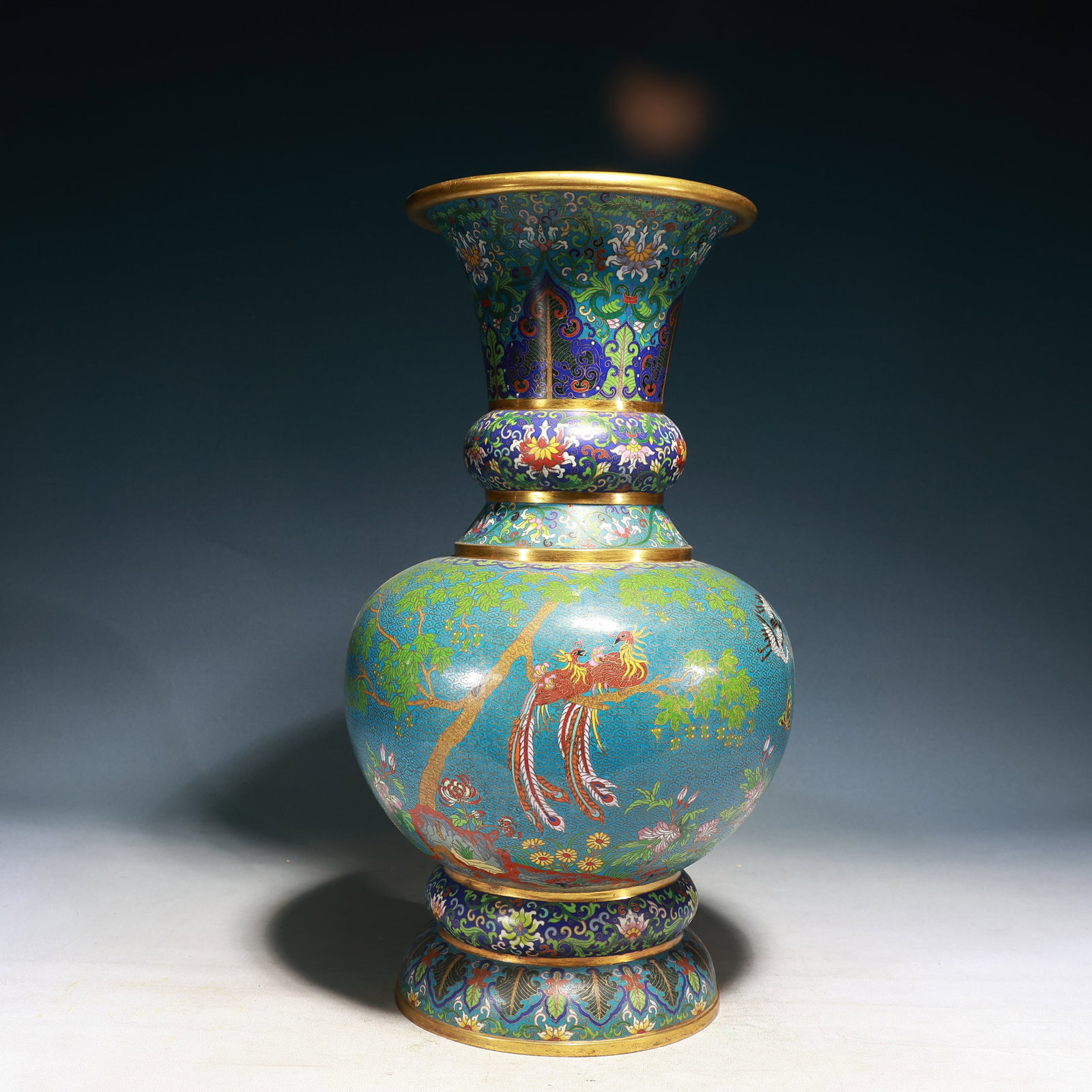 A Huge Cloisonne Flower and Bird Pattern Vase: A Huge Cloisonne Flower and Bird Pattern Vase,Qing Dynasty, China,Qianlong Four-character Mark,Size:10.2inx19.7in,Weight:12750g