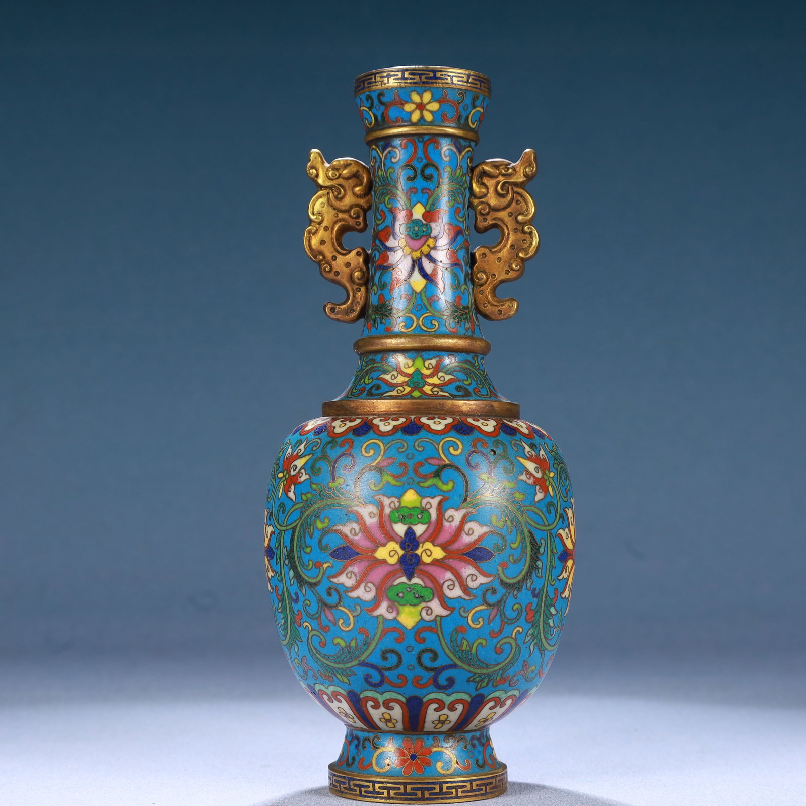 An Exquisite Cloisonne Lotus Pattern Dragon-Ears Vase: An Exquisite Cloisonne Lotus Pattern Dragon-Ears Vase,Qing Dynasty, China,Qianlong Four-character Mark,Size:7.9inx3.1in,Weight:550g 景泰蓝缠枝莲纹龙 