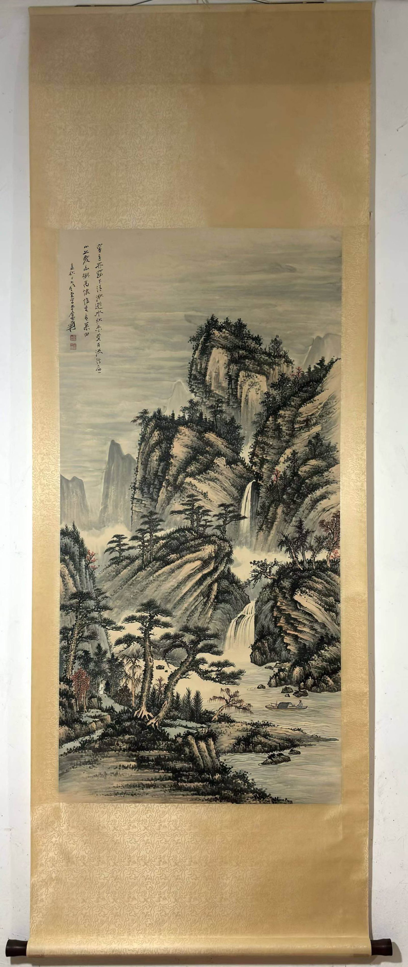 A Chinese Vertical Scroll Ink Painting of Landscape on Paper,Zhang Daqian: A Chinese Vertical Scroll Ink Painting of Landscape on Paper,Zhang Daqian,Size:(Without frame)53.9inx26.4in 一幅中国水墨山水画立轴,