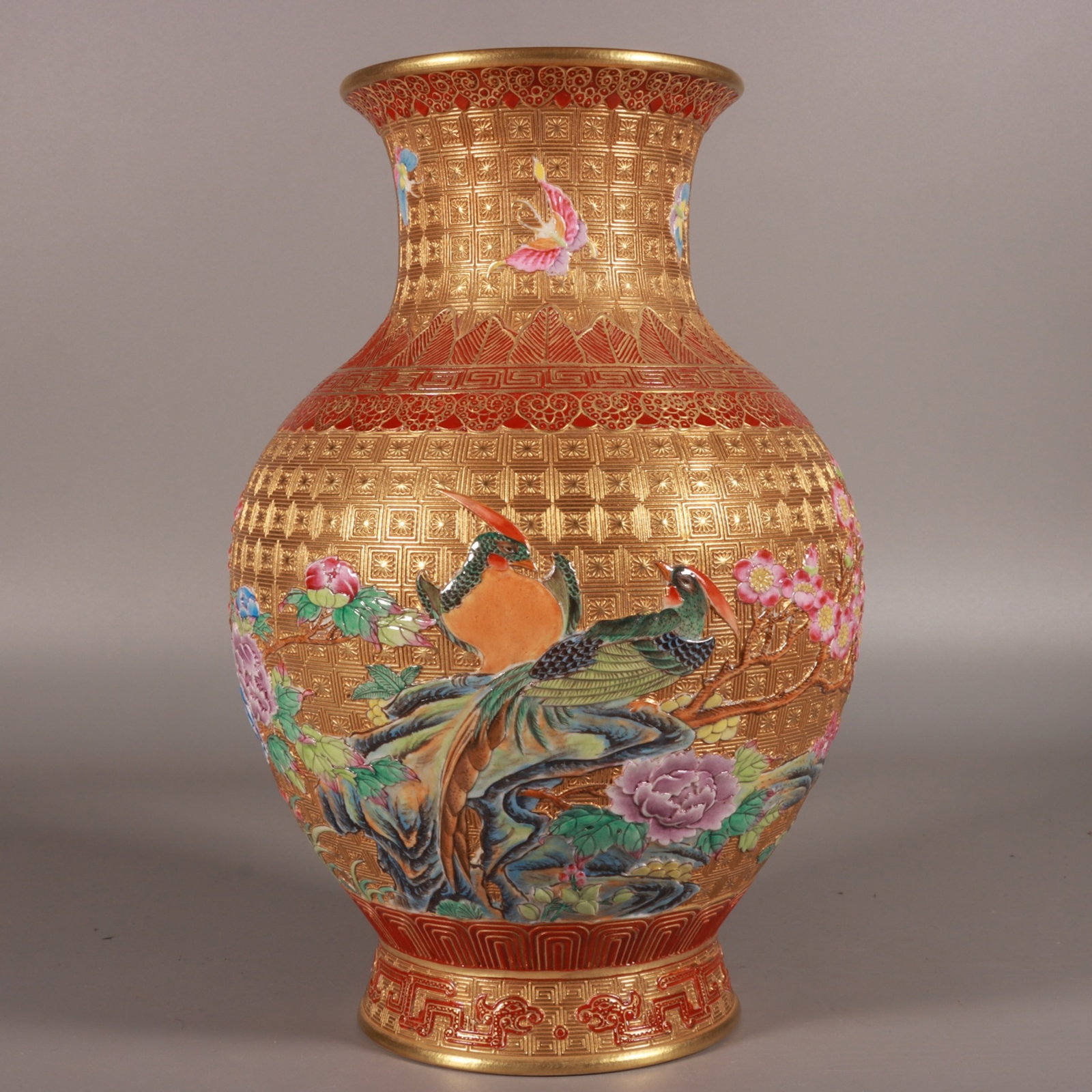 An Exquisite Enamel Gold Ground Flower and Bird Pattern Vase,With Poem: An Exquisite Enamel Gold Ground Flower and Bird Pattern Vase,With Poem,Qing Dynasty, China,Qianlong Six-character Mark,Size:9.6inx6.5in 珐琅彩金地花鸟纹