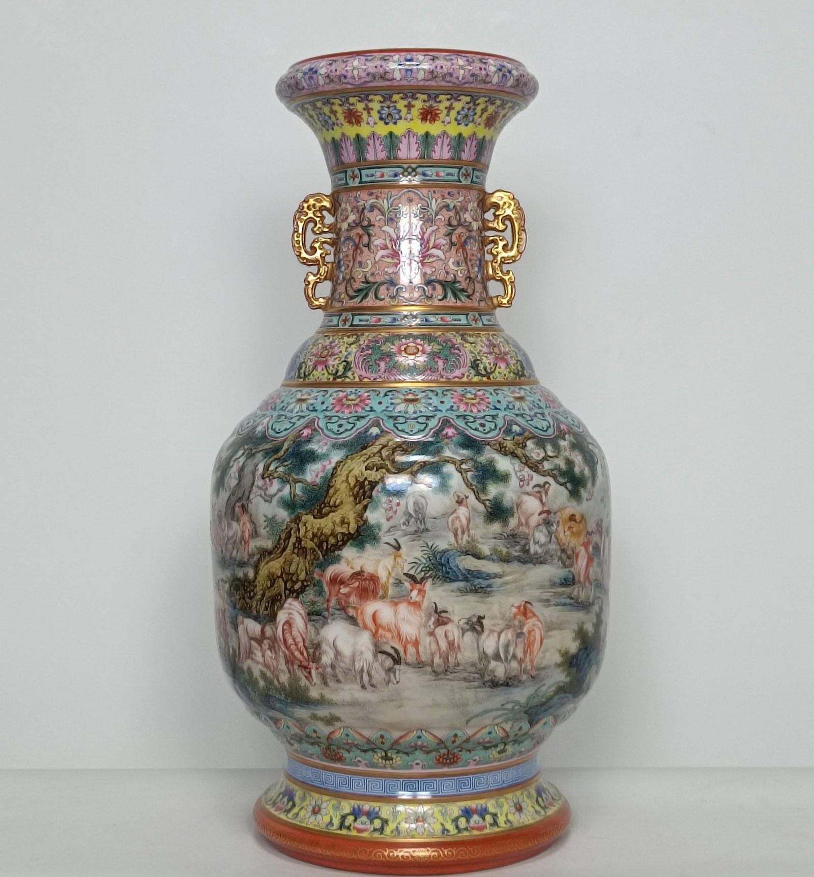 A Huge Enamel Painted Gold Lotus??Landscape and Sheep Pattern Dragon-Ears Vase (1 of 9)