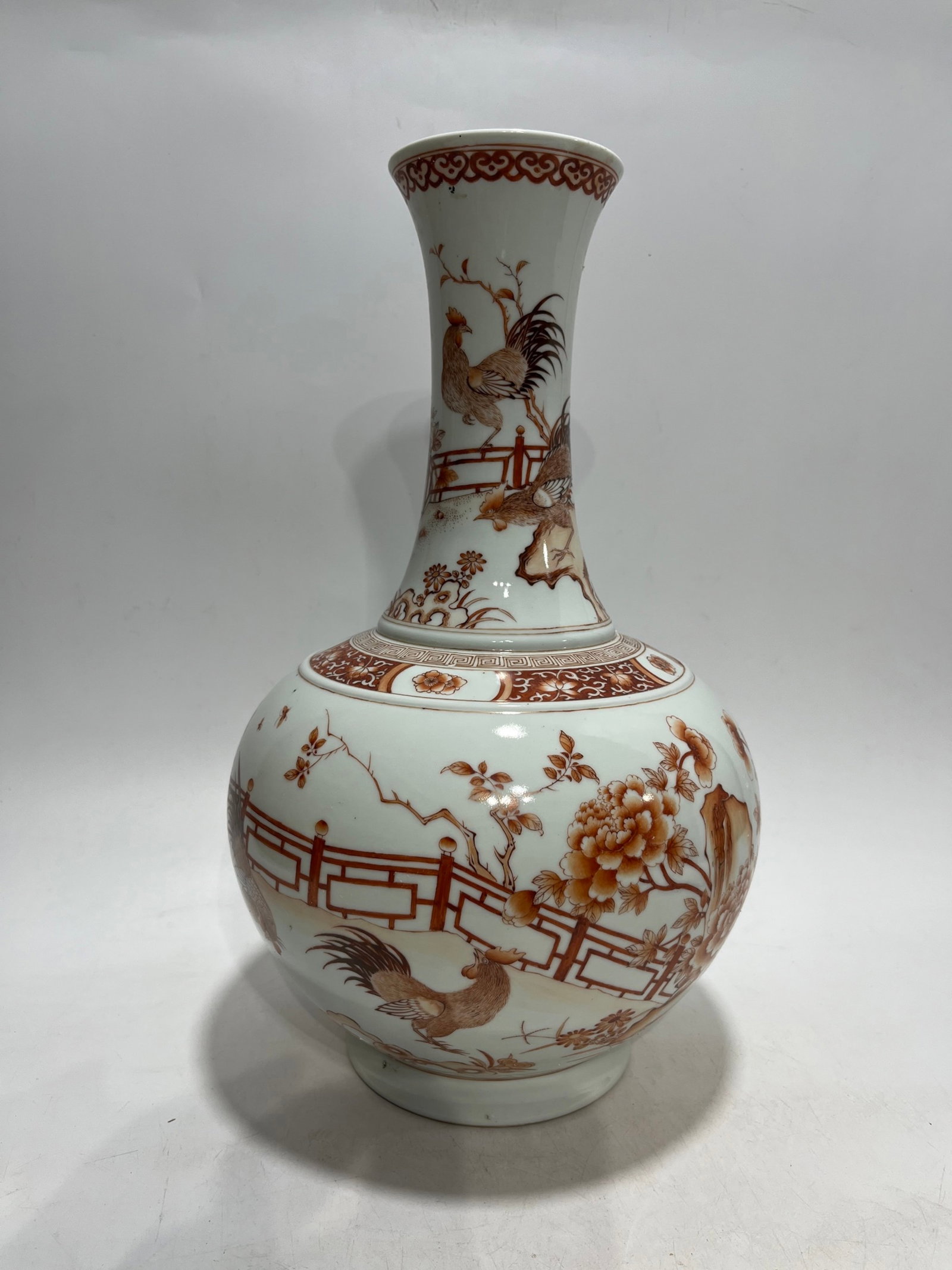 A Rare Iron-Red Color Flower and Rooster Pattern Vase: A Rare Iron-Red Color Flower and Rooster Pattern Vase,Qing Dynasty,China,Tongzhi Six-character Mark,Size:15.4in