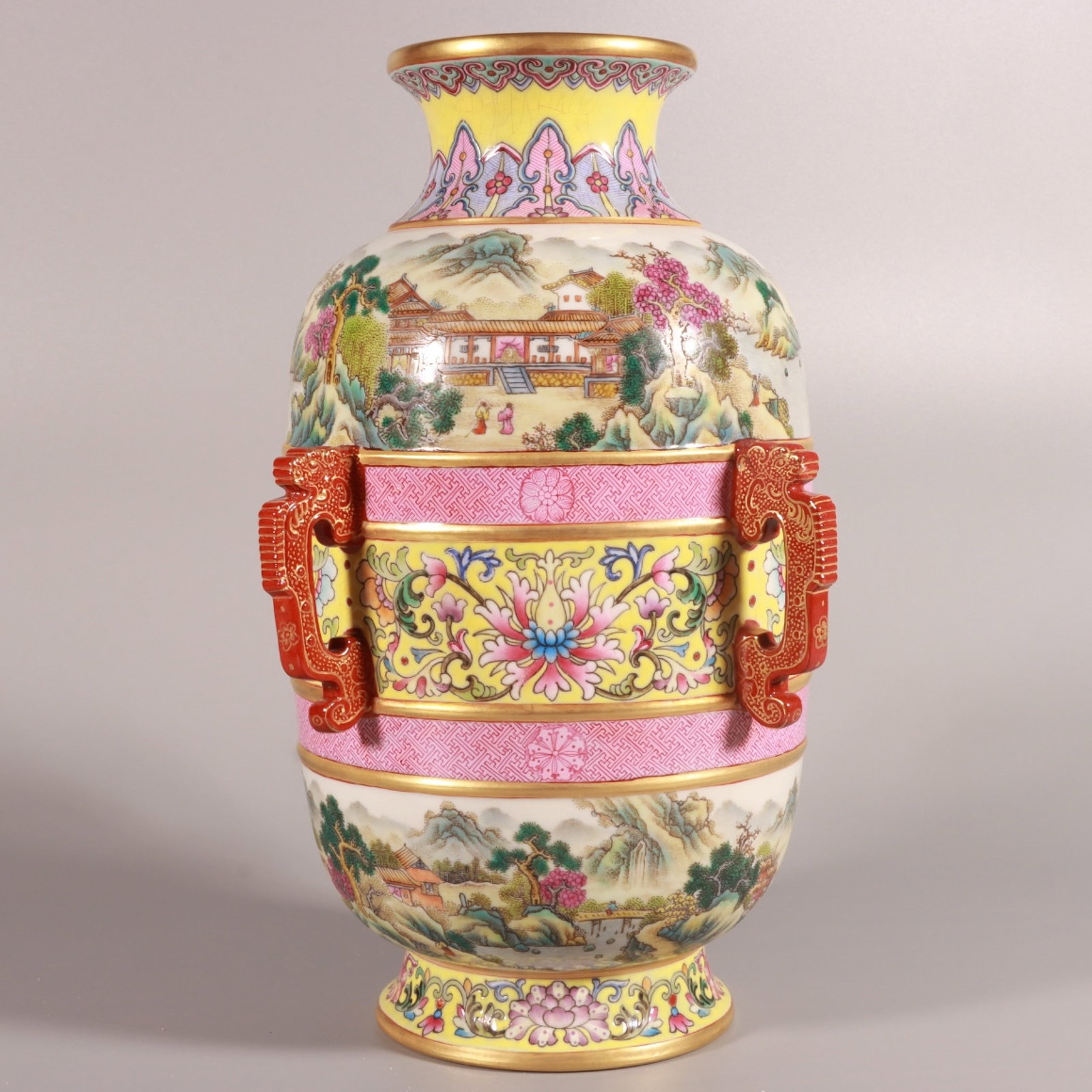An Exquisite Enamel Yellow Ground Painted Gold Lotus,Landscape and Figure Pattern Vase,With Poem: An Exquisite Enamel Yellow Ground Painted Gold Lotus,Landscape and Figure Pattern Vase,With Poem,Qing Dynasty, China,Qianlong Four-character Mark,Size:10.1inx5.9in