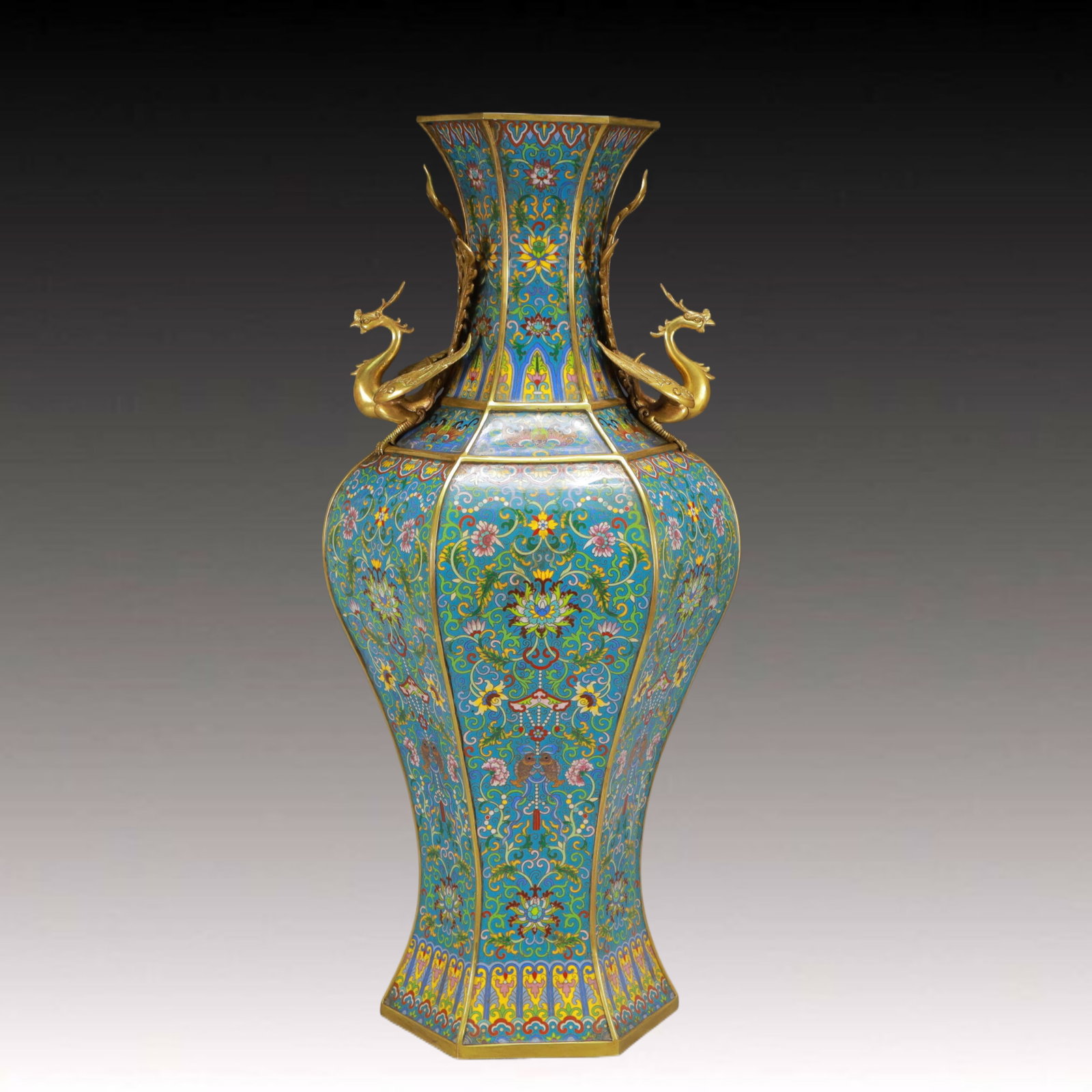 A Huge Cloisonne Lotus Pattern Phoenix-Ears Vase: A Huge Cloisonne Lotus Pattern Phoenix-Ears Vase,Qing Dynasty, China,Qianlong Four-character Mark,Size:11.8inx26.8in,Weight:15950g