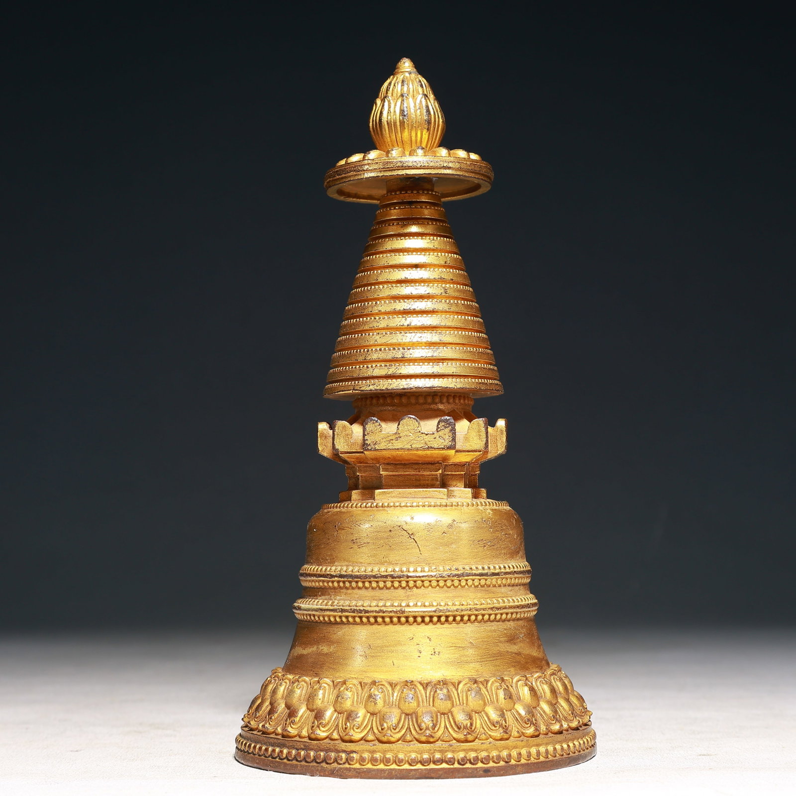 A Rare Gilt Bronze Pagoda: A Rare Gilt Bronze Pagoda,Qing Dynasty,China,Size:4.1inx8.5in,Weight:1350g 铜鎏金佛塔,中国清代