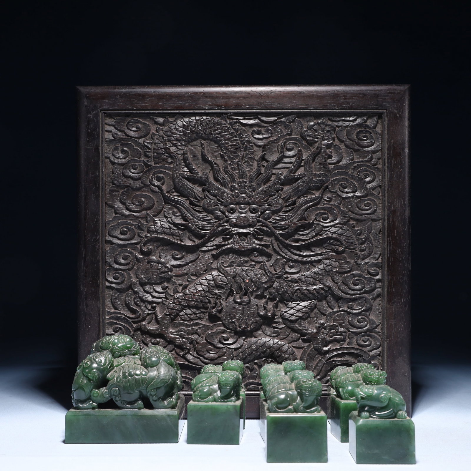 A Set of Fine Jasper Auspicious Beast Pattern Seals: A Set of Fine Jasper Auspicious Beast Pattern Seals, Qing Dynasty,China, Size:3.5inx3.1in,(Box)12.6inx12.6inx12.2in,Weight:3050g