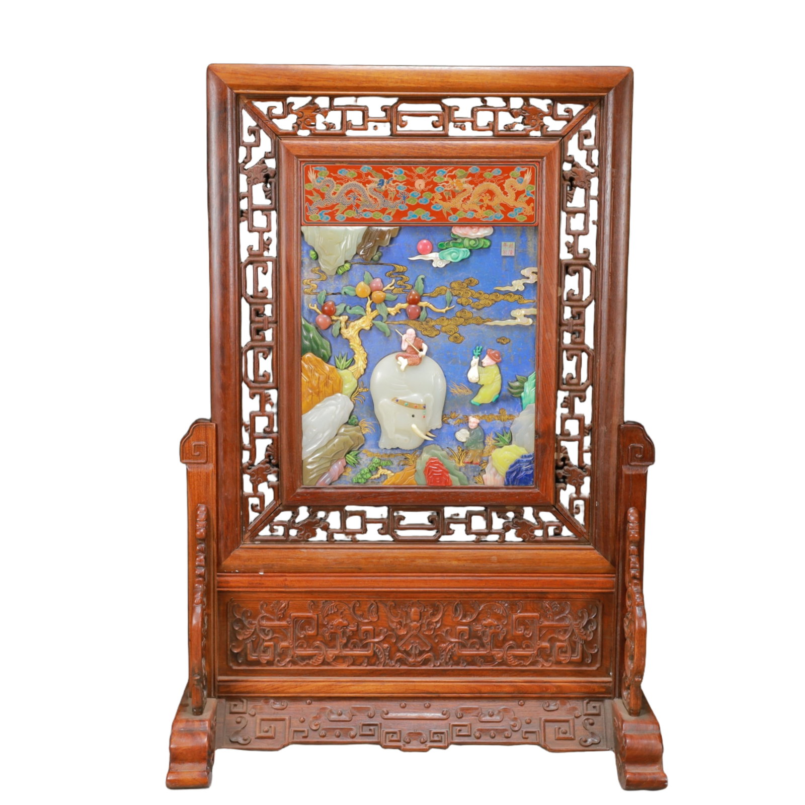 A Exquisite Boxwood Inlaid Gems Dragon Pattern Landscape and Figure Pattern Screen Ornament: A Exquisite Boxwood Inlaid Gems Dragon Pattern Landscape and Figure Pattern Screen Ornament Qing Dynasty, China , Size:18.3inx9.1inx26.4in Weight:6350g