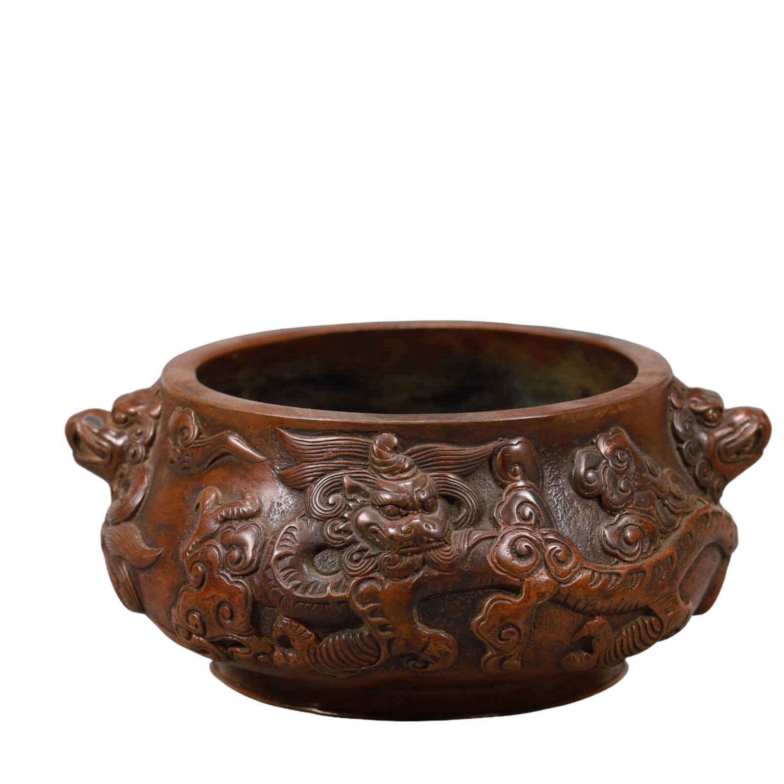 An Elaborate Bronze 'Dragon& Auspicious Cloud' Lion-Handled Censer: An Elaborate Bronze 'Dragon& Auspicious Cloud' Lion-Handled Censer. Of compressed form,body cast with scaly,sinuous dragons writhing amidst dense,scrolling clouds,all supported on a subtly splayed foo