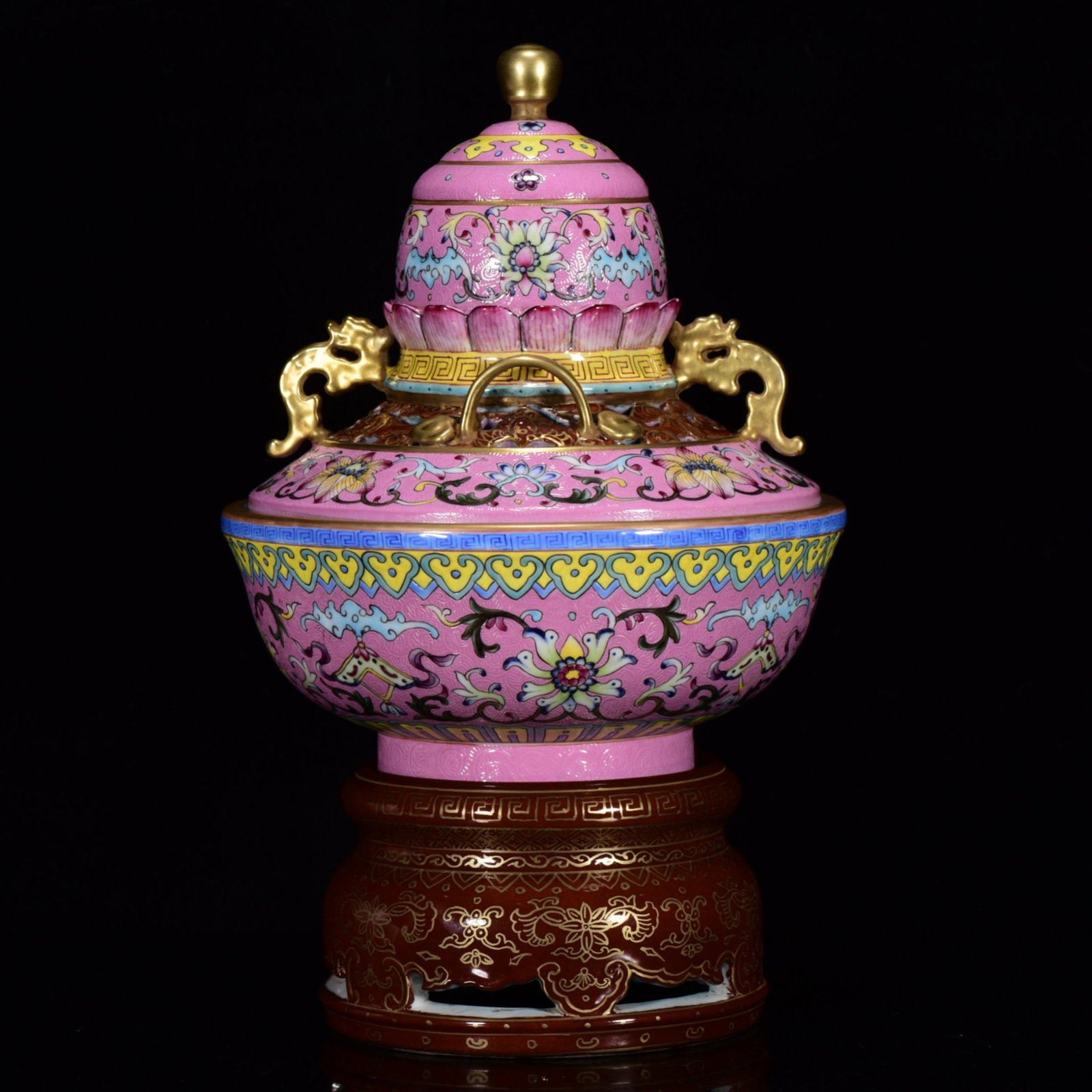 A Rare Pink Ground Famille-Rose Painted Gold Lotus Pattern Censer,With Base (1 of 9)