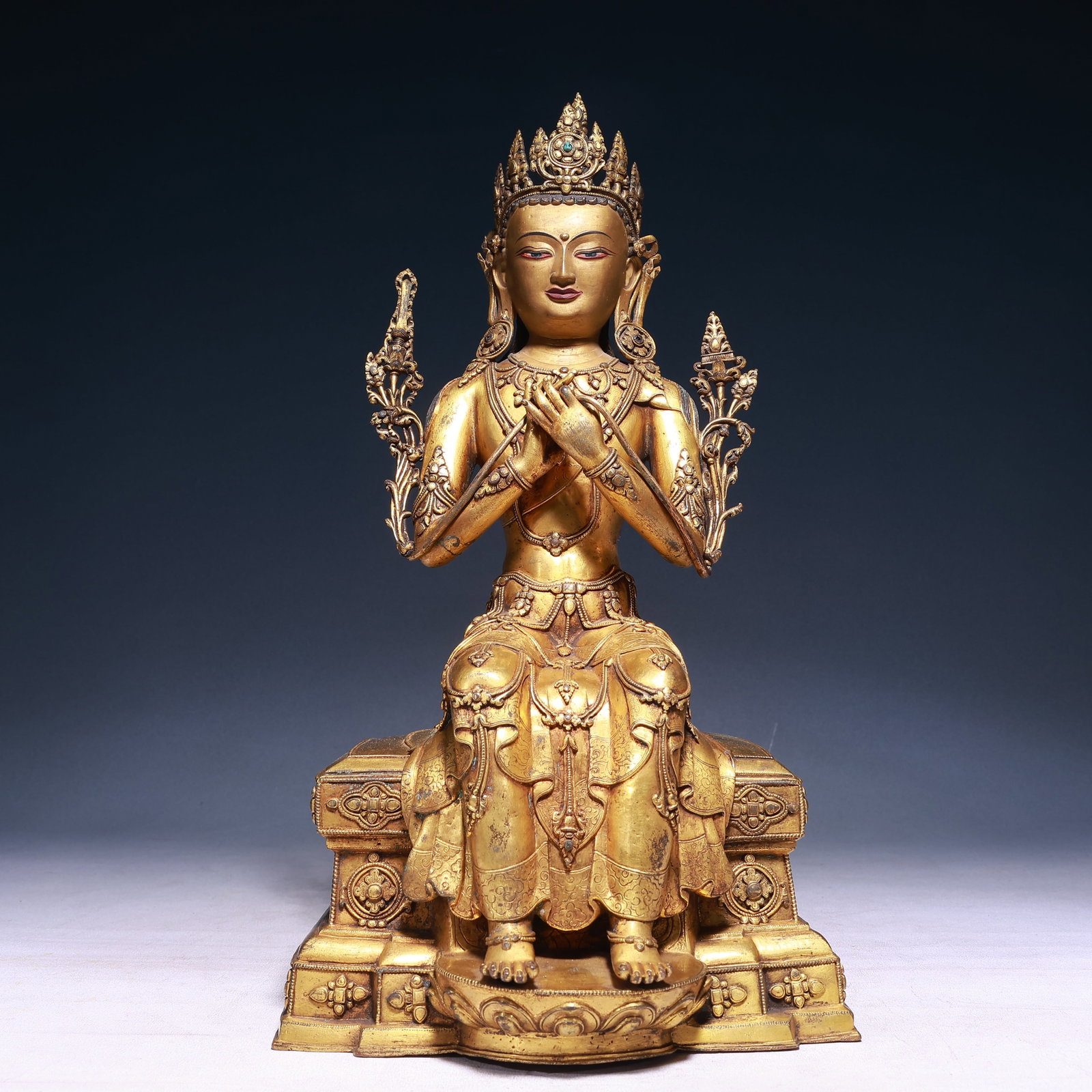 A Solemn Gilt Bronze Statue of Tara,With Inscription: A Solemn Gilt Bronze Statue of Tara,With Inscription,Qing Dynasty, China,Size:8.7inx7.9inx16.9in,Weight:8100g