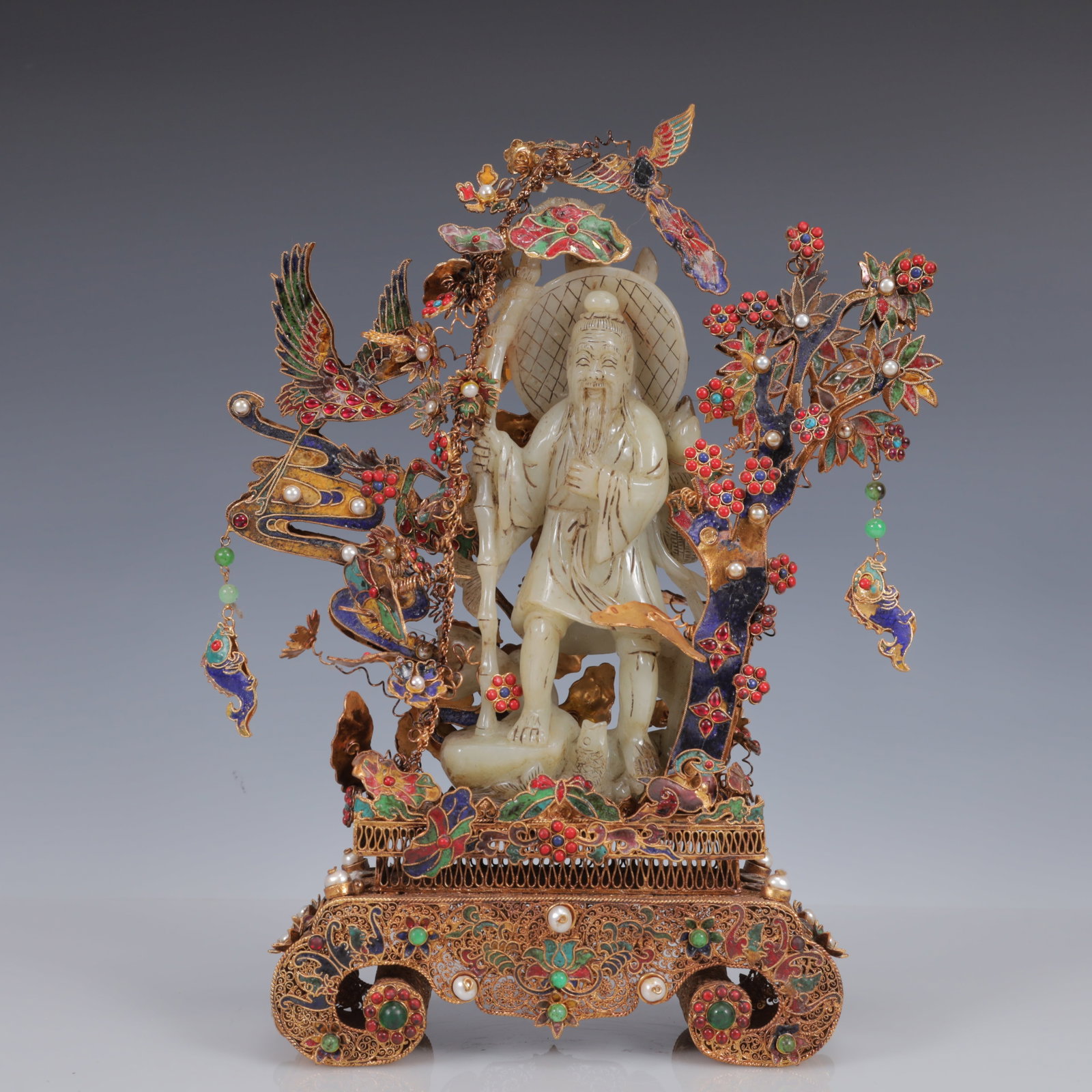 An Exquisite Filigree and Gilding Inlaid White Jade Figure Ornament,Inlaid Gems: An Exquisite Filigree and Gilding Inlaid White Jade Figure Ornament,Inlaid Gems,Qing Dynasty, China,Qianlong Four-Character Mark,Size:11inx3.5inx13.8in,Weight:2650g