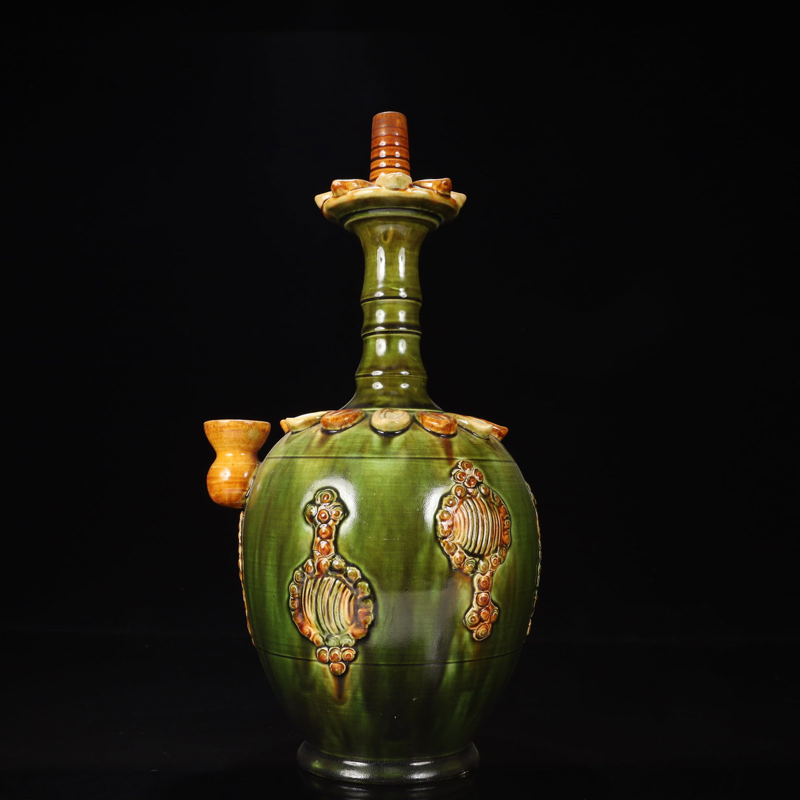 An Exquisite Tang Tri-Color Glazed Pottery Flower Pattern Vase: An Exquisite Tang Tri-Color Glazed Pottery Flower Pattern Vase,Tang Dynasty, China,Size:7.5inx7.1inx10.2in,Weight:1500g