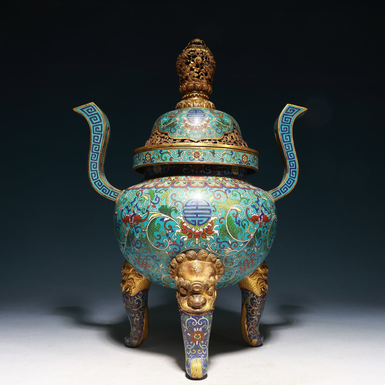 A Huge Cloisonne Lotus,Bats and Peach Pattern Double-Ears and Tripod Censer: A Huge Cloisonne Lotus,Bats and Peach Pattern Double-Ears and Tripod Censer,Qing Dynasty,China,Size:12.6inx8.3inx17.7in,Weight:4450g