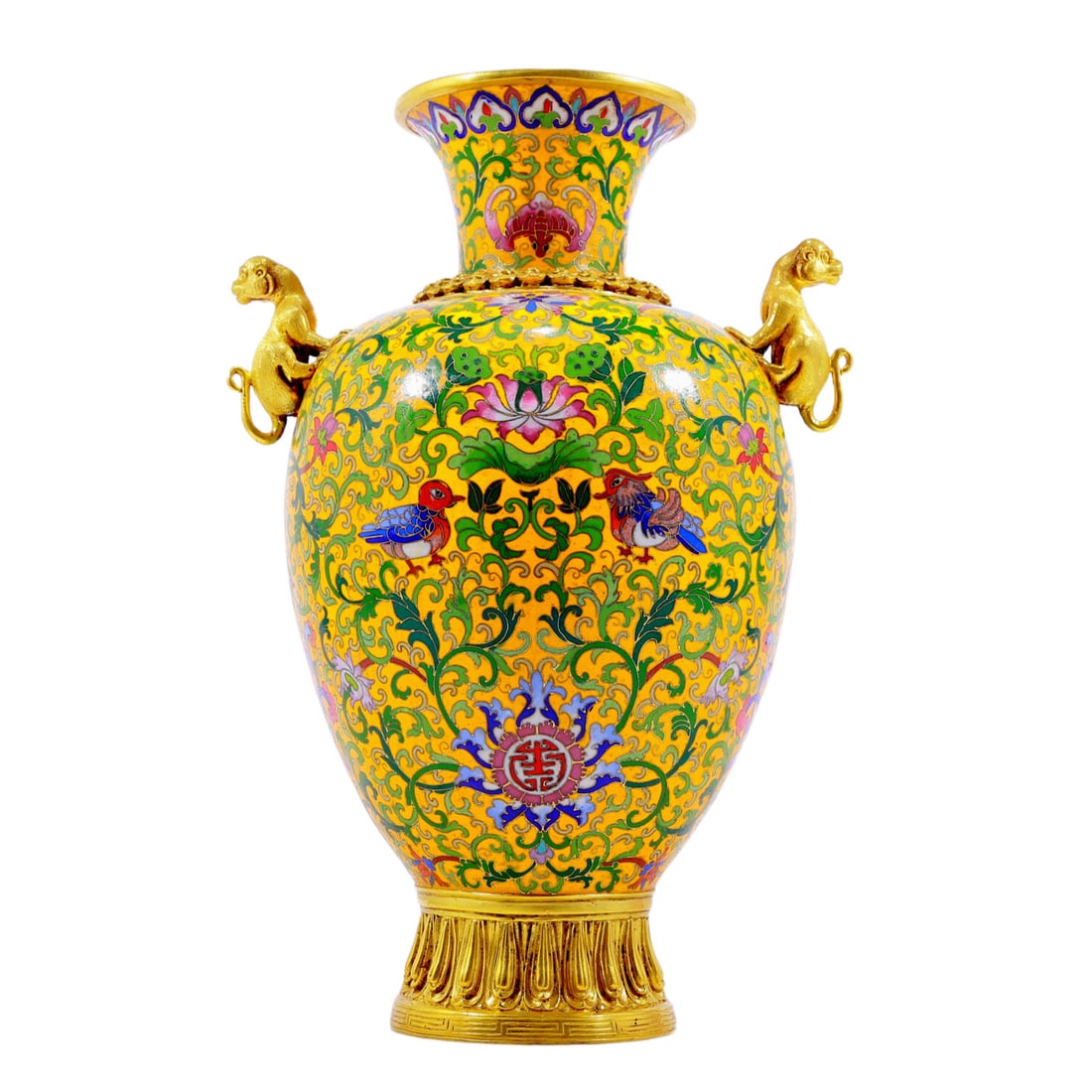 An Exquisite Cloisonne 'Bird& Flower' Beast-Handled Vase: An Exquisite Cloisonne 'Bird& Flower' Beast-Handled Vase. Supported on a subtly splayed foot and cast with an everted top, body enameled with polychrome patterns, all reserved on a bright yellow