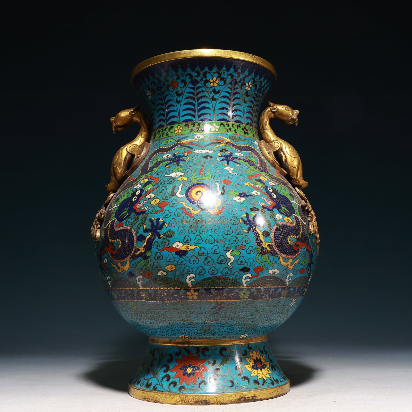 A Rare Cloisonne Auspicious Cloud and Dragon Pattern Phoenix-Ears Vase: A Rare Cloisonne Auspicious Cloud and Dragon Pattern Phoenix-Ears Vase,Qing Dynasty,China,Qianlong Four-character Mark,Size:9.8inx15.6in,Weight:47500g 景泰蓝祥云龙&