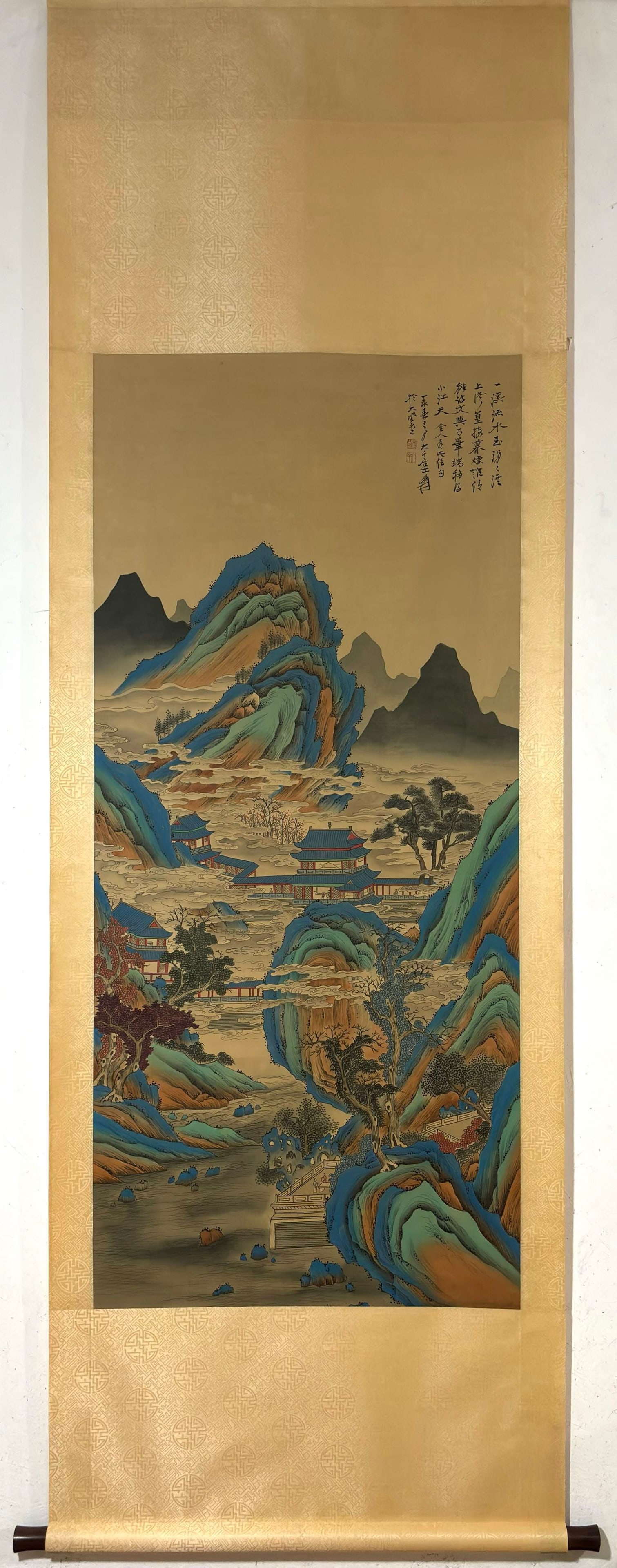 A Chinese Vertical Scroll Ink Painting of Landscape on Silk,Zhang Daqian: A Chinese Vertical Scroll Ink Painting of Landscape on Silk,Zhang Daqian,Size:(Without frame)55.9inx25.2in 一幅中国水墨绢本山水画ĺ