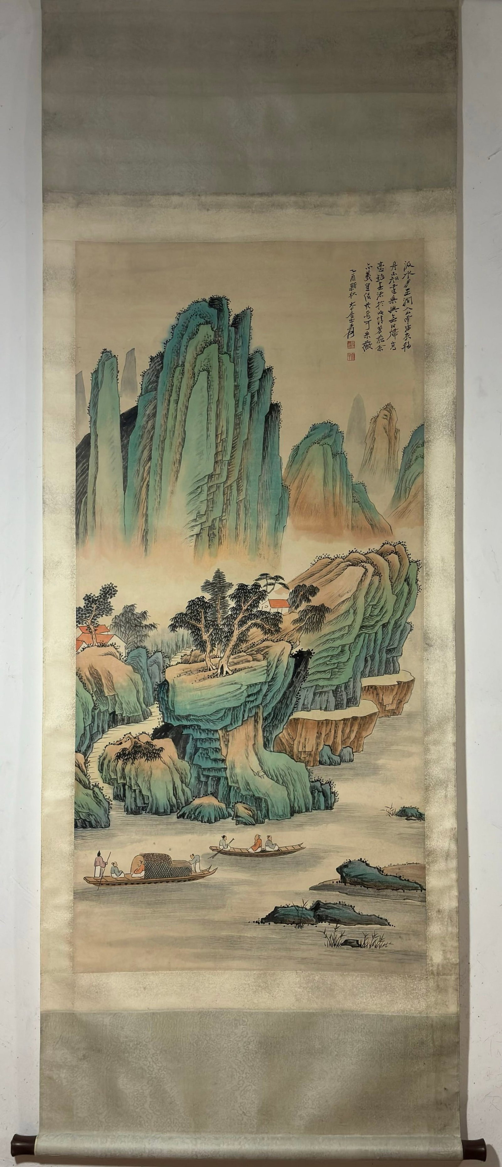 A Chinese Vertical Scroll Ink Painting of Landscape and Figure on Paper,Zhang Daqian: A Chinese Vertical Scroll Ink Painting of Landscape and Figure on Paper,Zhang Daqian,Size:(Without frame)55.1inx26.4in 一幅中国水墨山水人物&