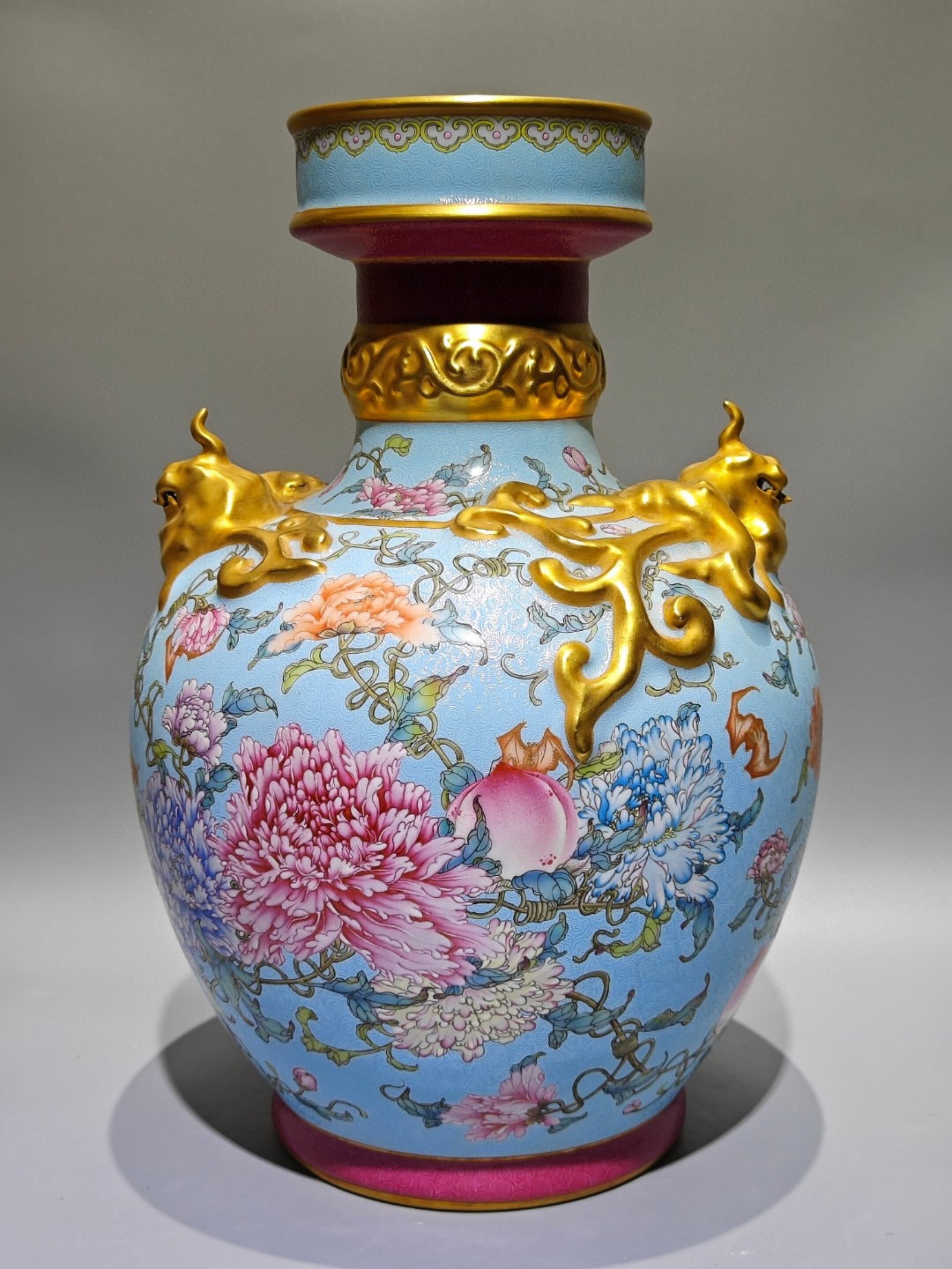 A Huge Enamel Turquoise Ground Painted Gold Flower,Bats and Peach Pattern Beast-Ears Vase: A Huge Enamel Turquoise Ground Painted Gold Flower,Bats and Peach Pattern Beast-Ears Vase,Qing Dynasty,China,Qianlong Four-character Mark,Size:16.1inx11in