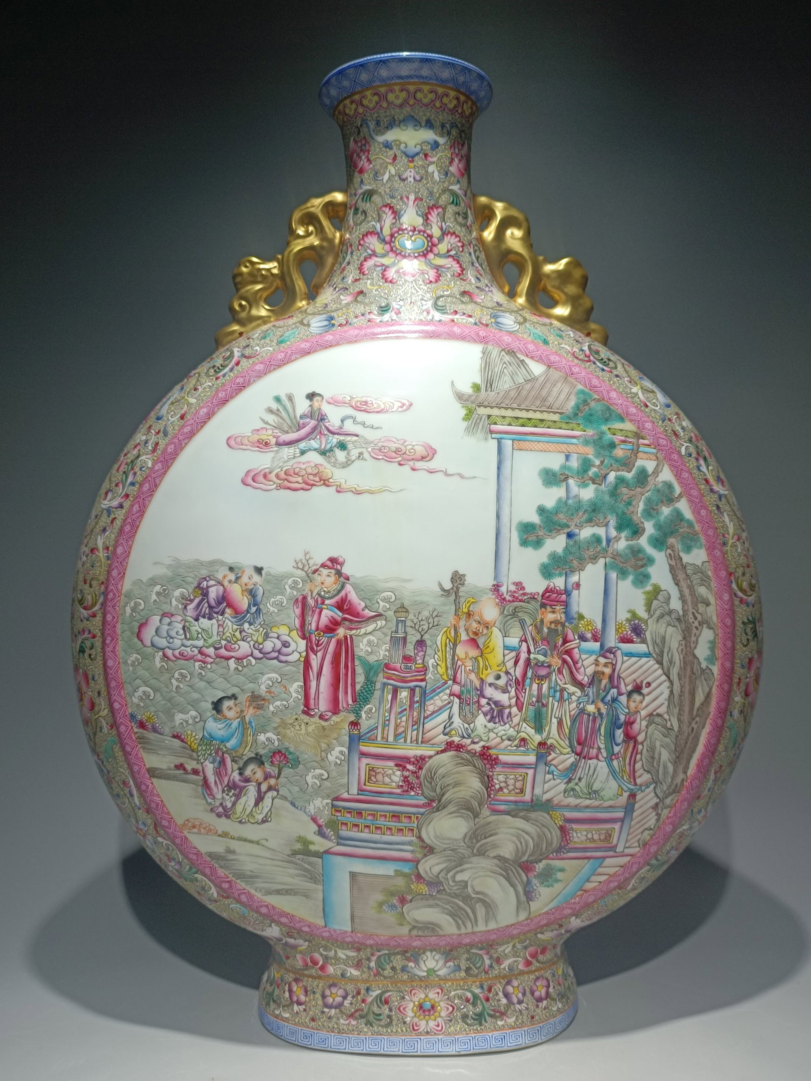 A Huge Famille-Rose Yellow Ground Lotus??Character and Story Pattern Dragon-Ears Vase: A Huge Famille-Rose Yellow Ground Lotus,Character and Story Pattern Dragon-Ears Vase,Qing Dynasty,China,Qianlong Six-character Mark,Size:22.8inx16.7in 粉彩黄地缠枝&