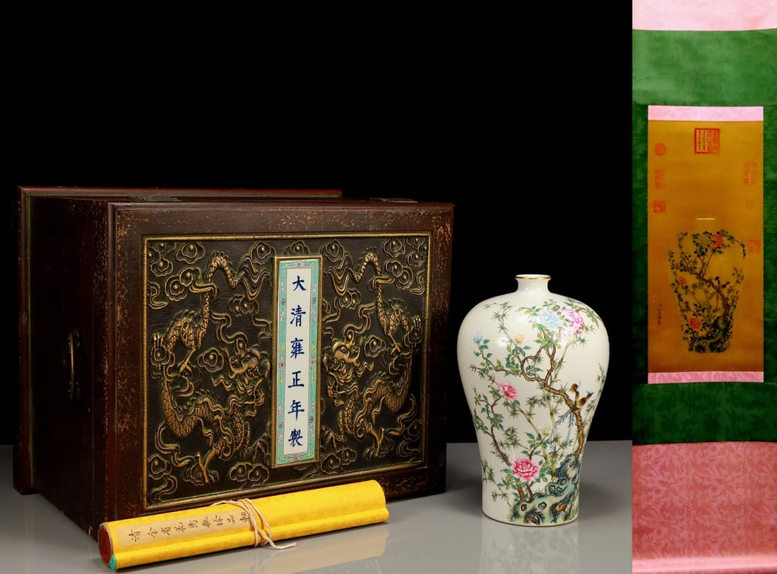 A Rare Famille-Rose Painted Gold Flower and Bird Pattern Vase,with poem,With Silk Vertical Scroll: A Rare Famille-Rose Painted Gold Flower and Bird Pattern Vase,with poem,With Silk Vertical Scroll Ink Painting,Qing Dynasty, China,Yongzheng Six-character Mark,Size: