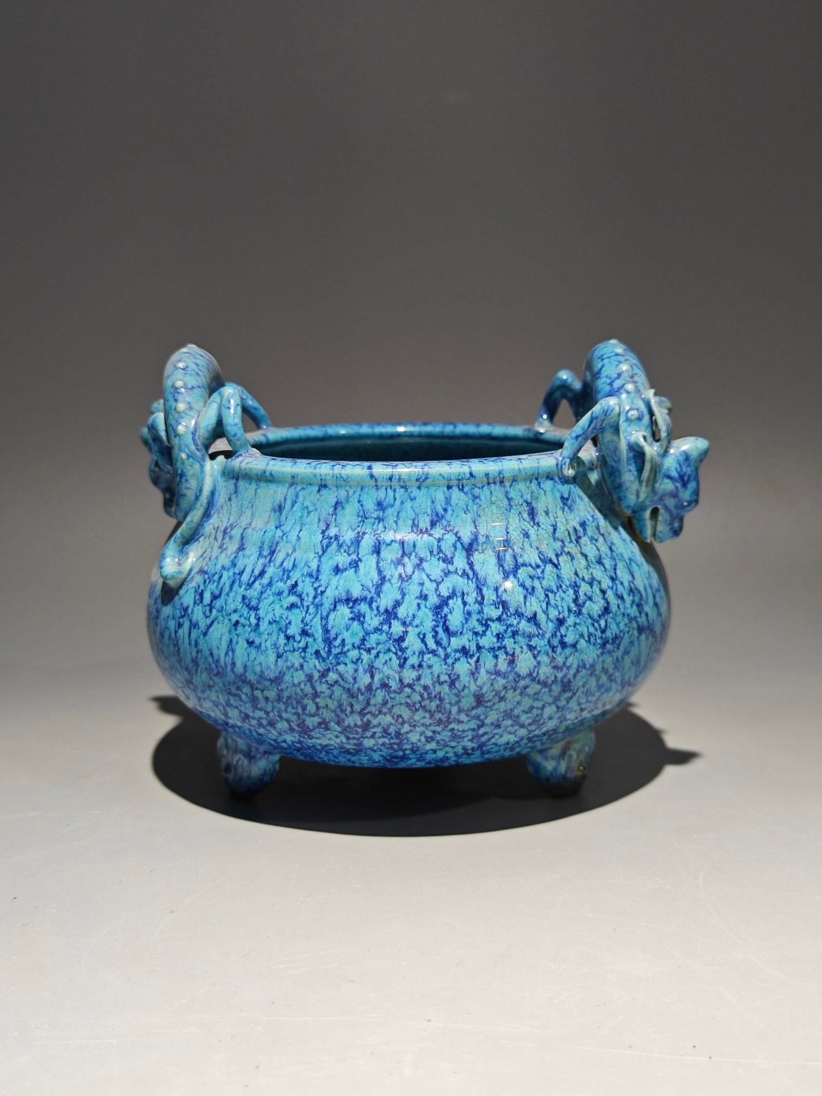 An Exquisite Robin's-Egg-Glazed Dragon-Ears Tripod Censer: An Exquisite Robin's-Egg-Glazed Dragon-Ears Tripod Censer,Qing Dynasty,China,Qianlong Six-character Mark,Size:4.7inx6.3in 炉钧釉龙耳三足香炉,È