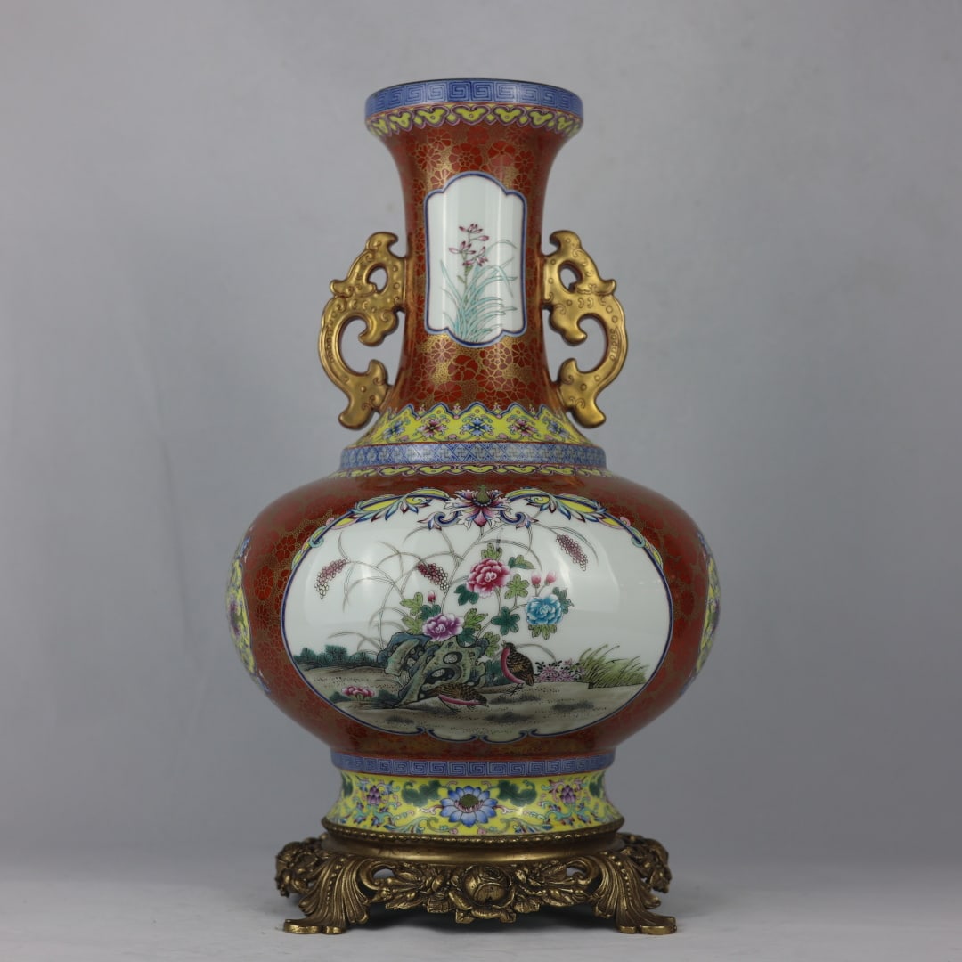 A Huge Enamel Painted Gold Inlaid Bronze Flower and Bird Pattern Double-Ears Vase: A Huge Enamel Painted Gold Inlaid Bronze Flower and Bird Pattern Double-Ears Vase,Qing Dynasty,China,Qianlong Six-character Mark,Size:20.1inx5.5inx11.4inx9.4in