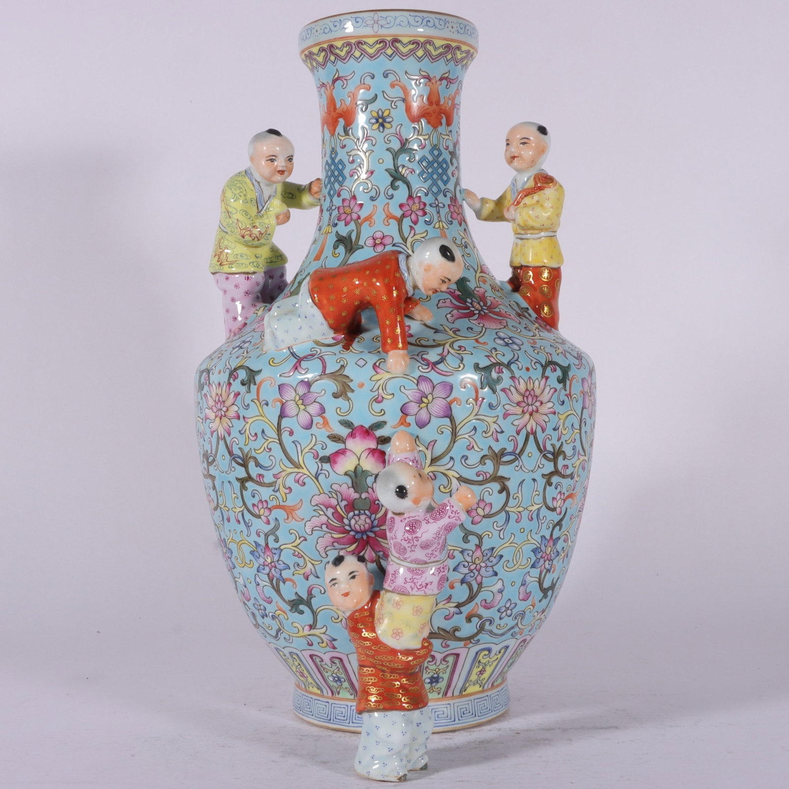 A Rare Enamel Turquoise Ground Painted Gold Lotus and Figure Pattern Vase: A Rare Enamel Turquoise Ground Painted Gold Lotus and Figure Pattern Vase,Qing Dynasty, China,Qianlong Six-character Mark,Size:12.4inx6.7in