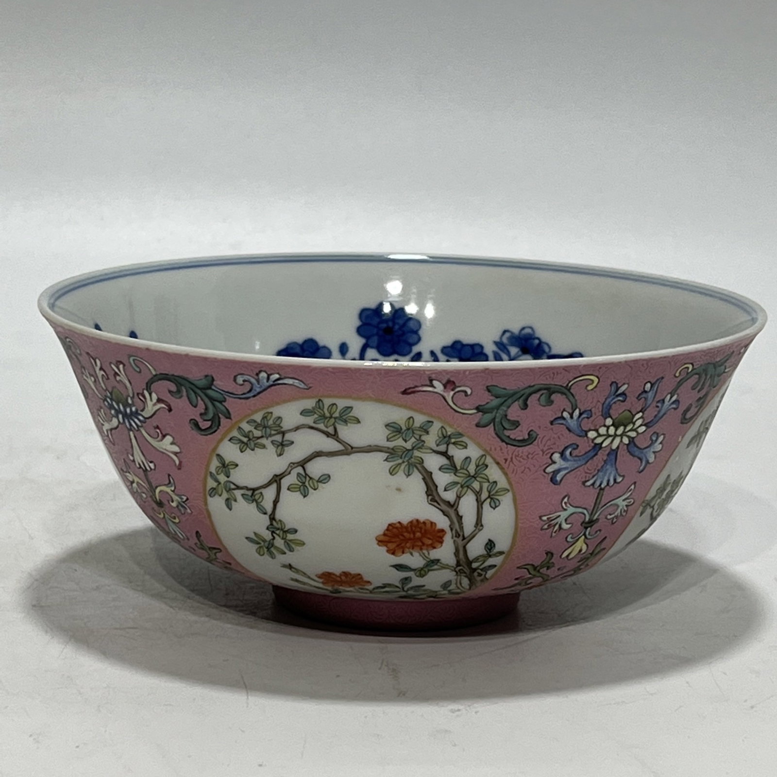 An Exquisite Blue and White Famille-Rose Pink Ground Flower Pattern Bowl: An Exquisite Blue and White Famille-Rose Pink Ground Flower Pattern Bowl,Qing Dynasty,China,Daoguang Six-character Mark,Size:6.2in